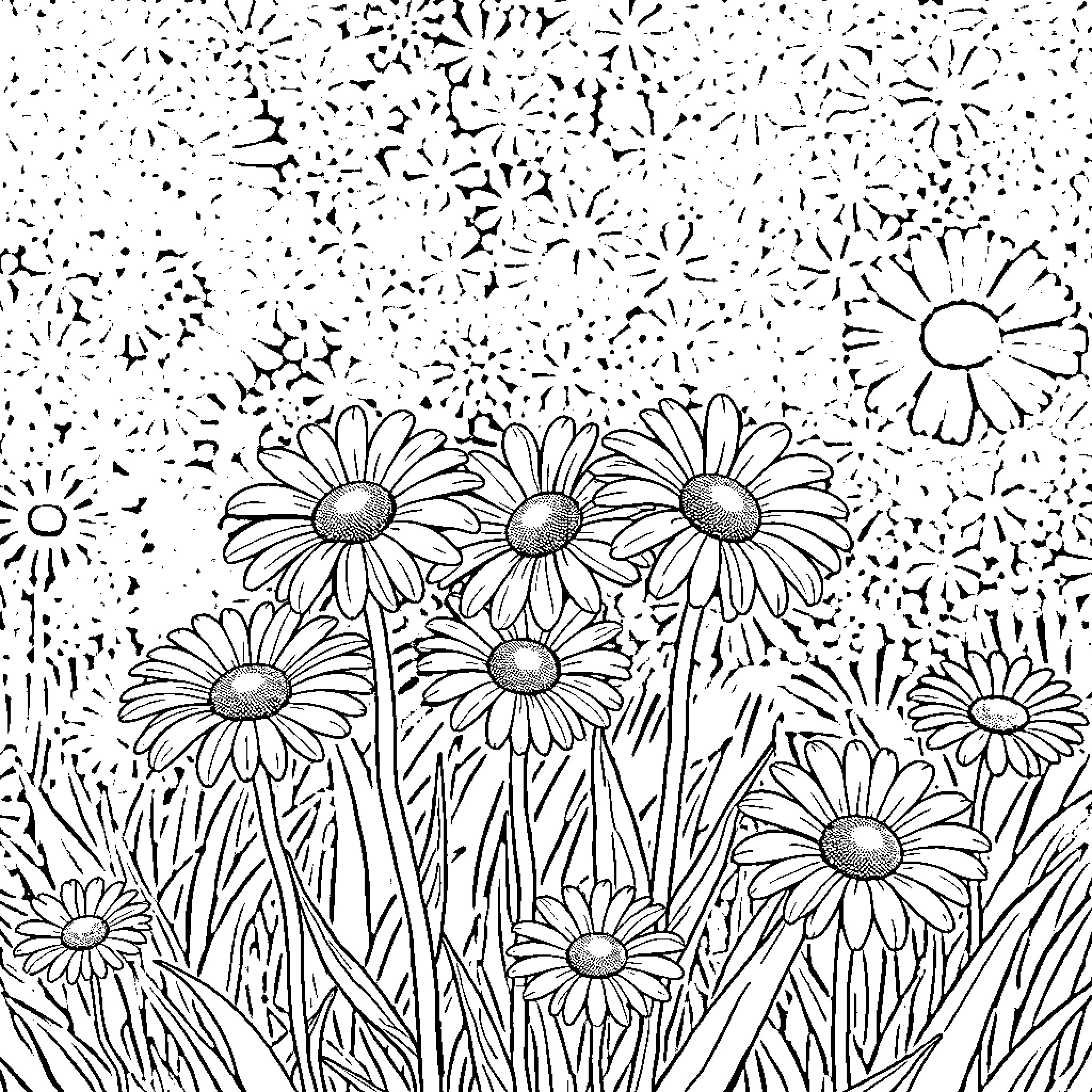 Daisy field filled with colorful blooms Coloring Page (free black-and-white line drawing printable PDF for all, from beginners to advanced learners, including children, teens, adults, and seniors)