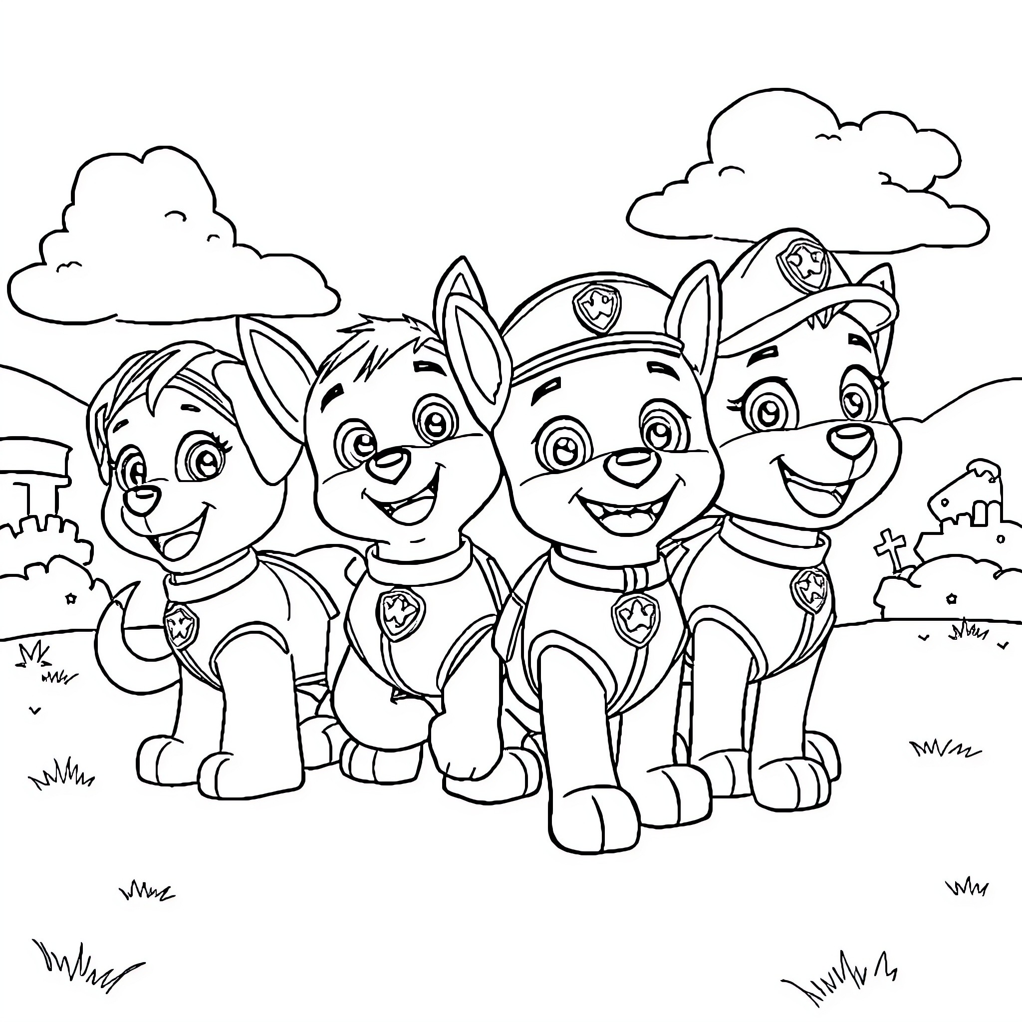 Paw Patrol group in action poses Coloring Page (free black-and-white line drawing printable PDF for all, from beginners to advanced learners, including children, teens, adults, and seniors)