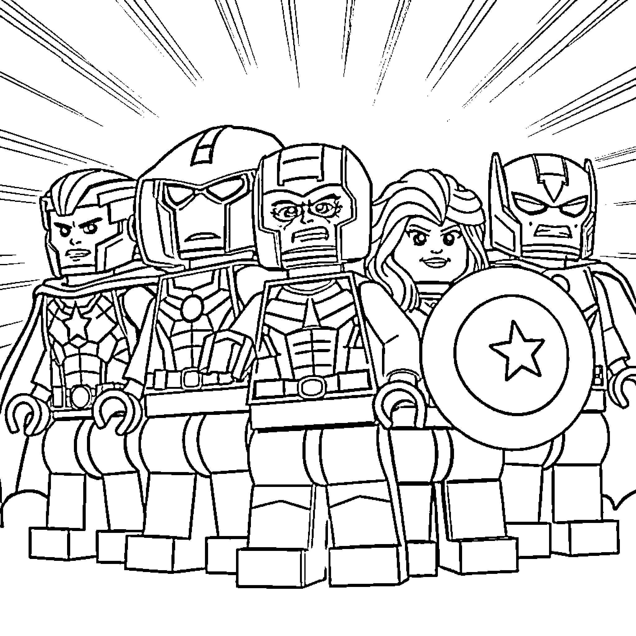 Lego Avengers heroes standing together in heroic poses Coloring Page (free black-and-white line drawing printable PDF for all, from beginners to advanced learners, including children, teens, adults, and seniors)