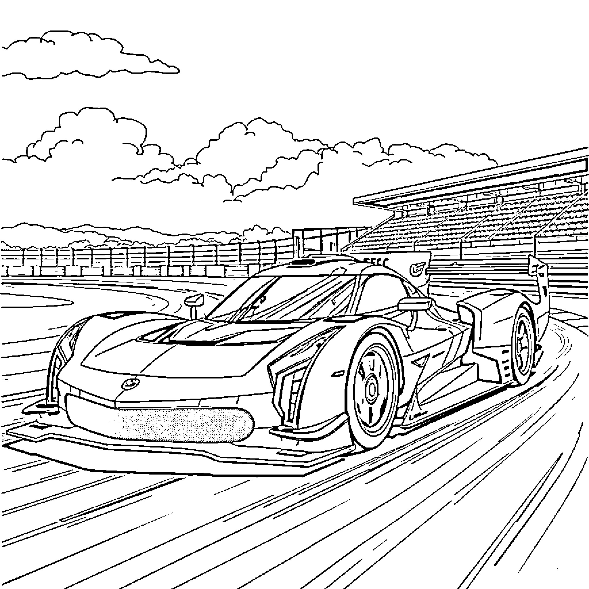 Cadillac race car speeding through racetrack Coloring Page (free black-and-white line drawing printable PDF for all, from beginners to advanced learners, including children, teens, adults, and seniors)