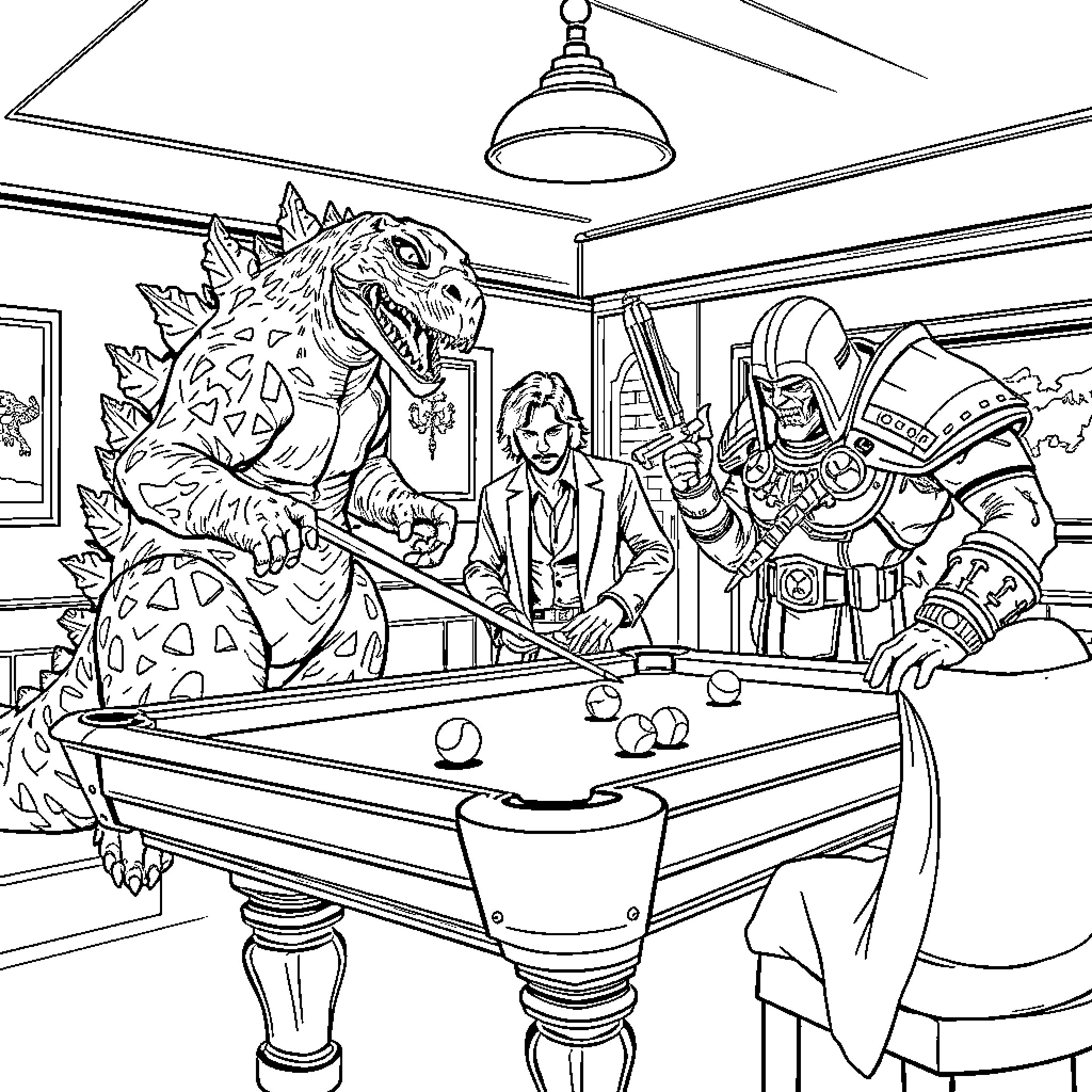 Godzilla Playing Pool with Humans in an Indoor Setting Coloring Page (free black-and-white line drawing printable PDF for all, from beginners to advanced learners, including children, teens, adults, and seniors)
