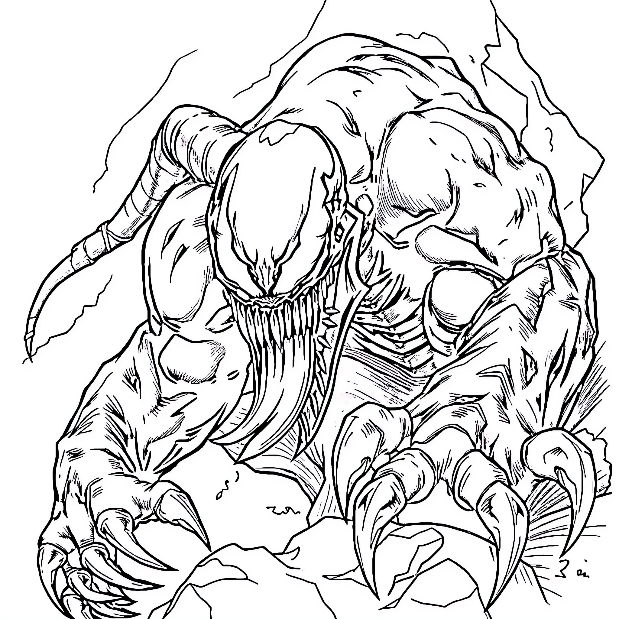 Venom unleashing its ferocity in a dark, monstrous form Coloring Page (free black-and-white line drawing printable PDF for all, from beginners to advanced learners, including children, teens, adults, and seniors)