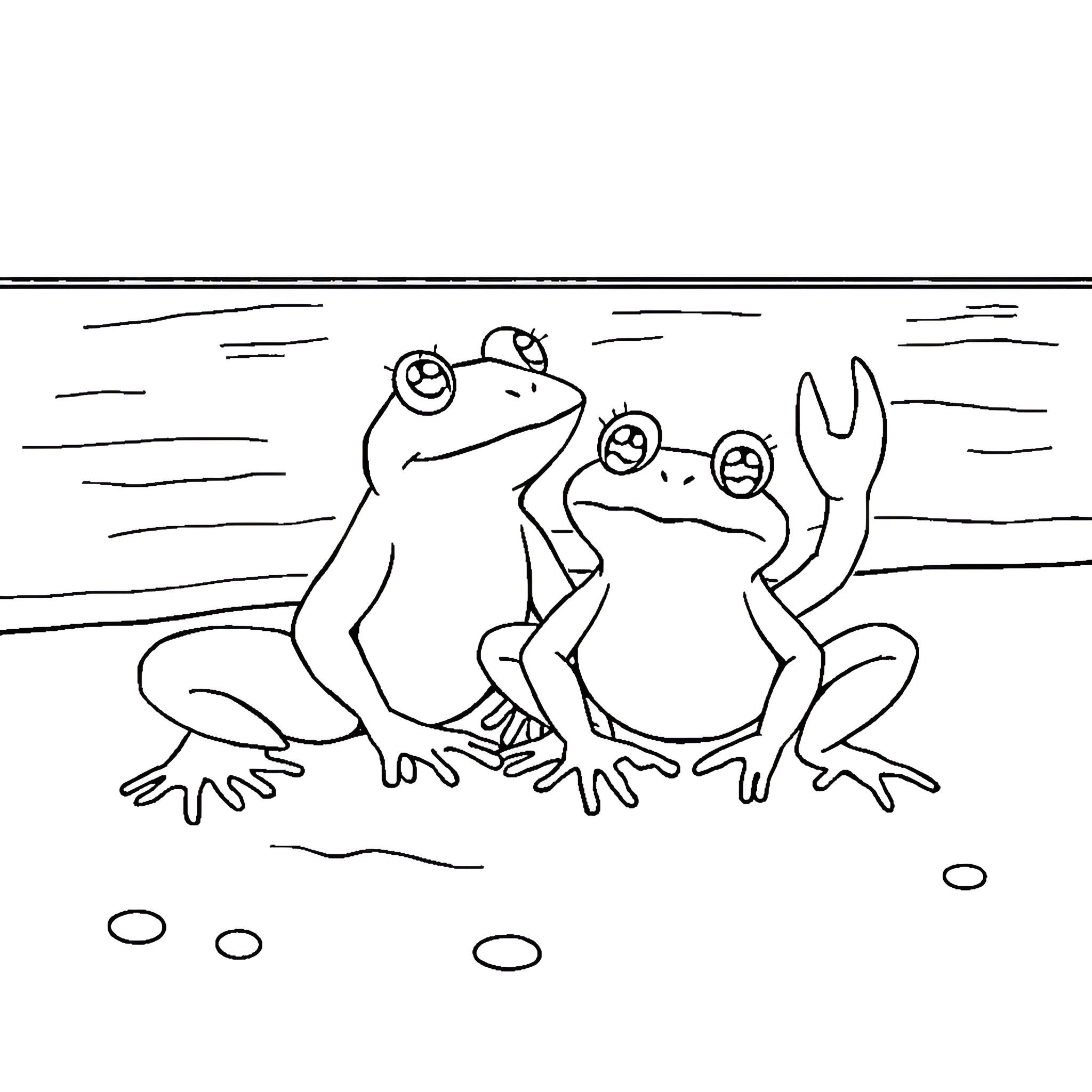 Frog friends enjoying a moment together Coloring Page (free black-and-white line drawing printable PDF for all, from beginners to advanced learners, including children, teens, adults, and seniors)