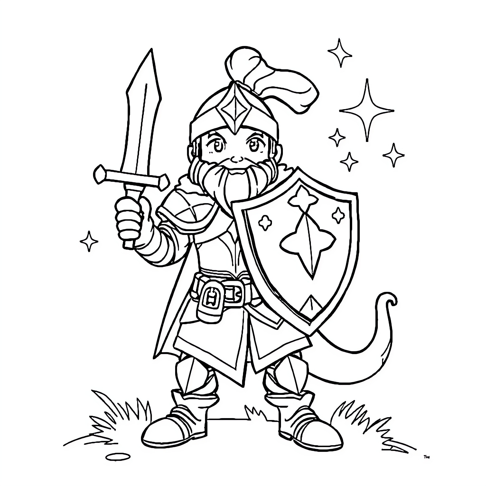Warrior Holding Sword and Shield with Sparkles Coloring Page (free black-and-white line drawing printable PDF for all, from beginners to advanced learners, including children, teens, adults, and seniors)