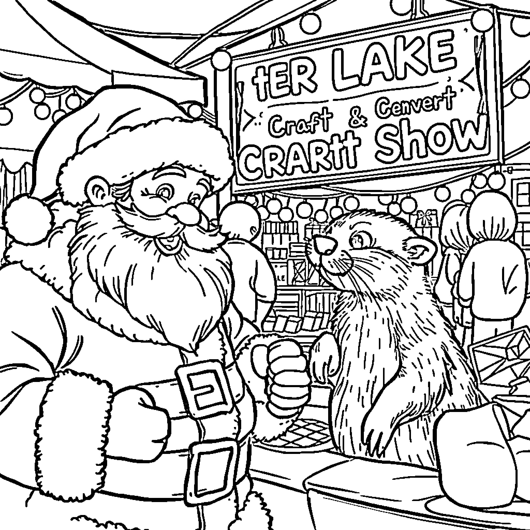 Otter Meets Santa at Craft and Convert Show Coloring Page (free black-and-white line drawing printable PDF for all, from beginners to advanced learners, including children, teens, adults, and seniors)