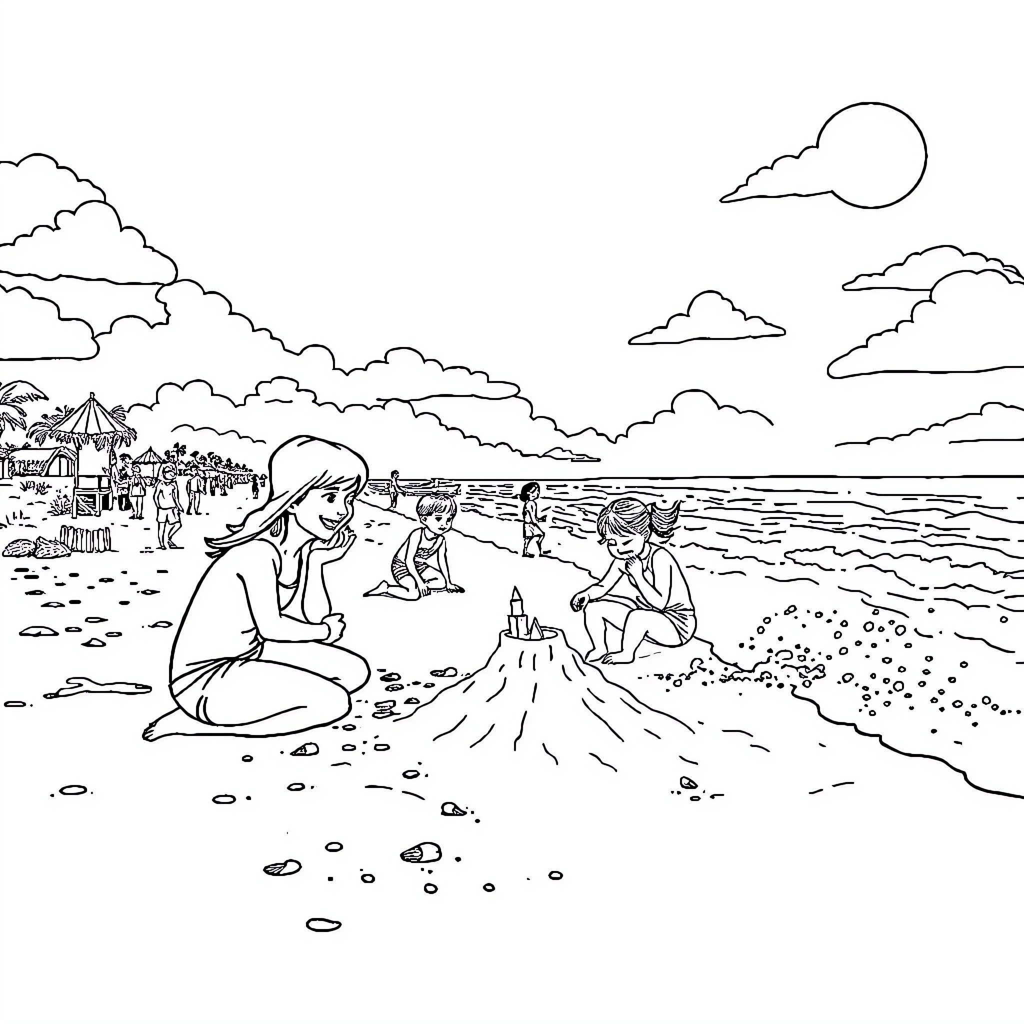 Body of people relaxing on beach with buildings Coloring Page (free black-and-white line drawing printable PDF for all, from beginners to advanced learners, including children, teens, adults, and seniors)