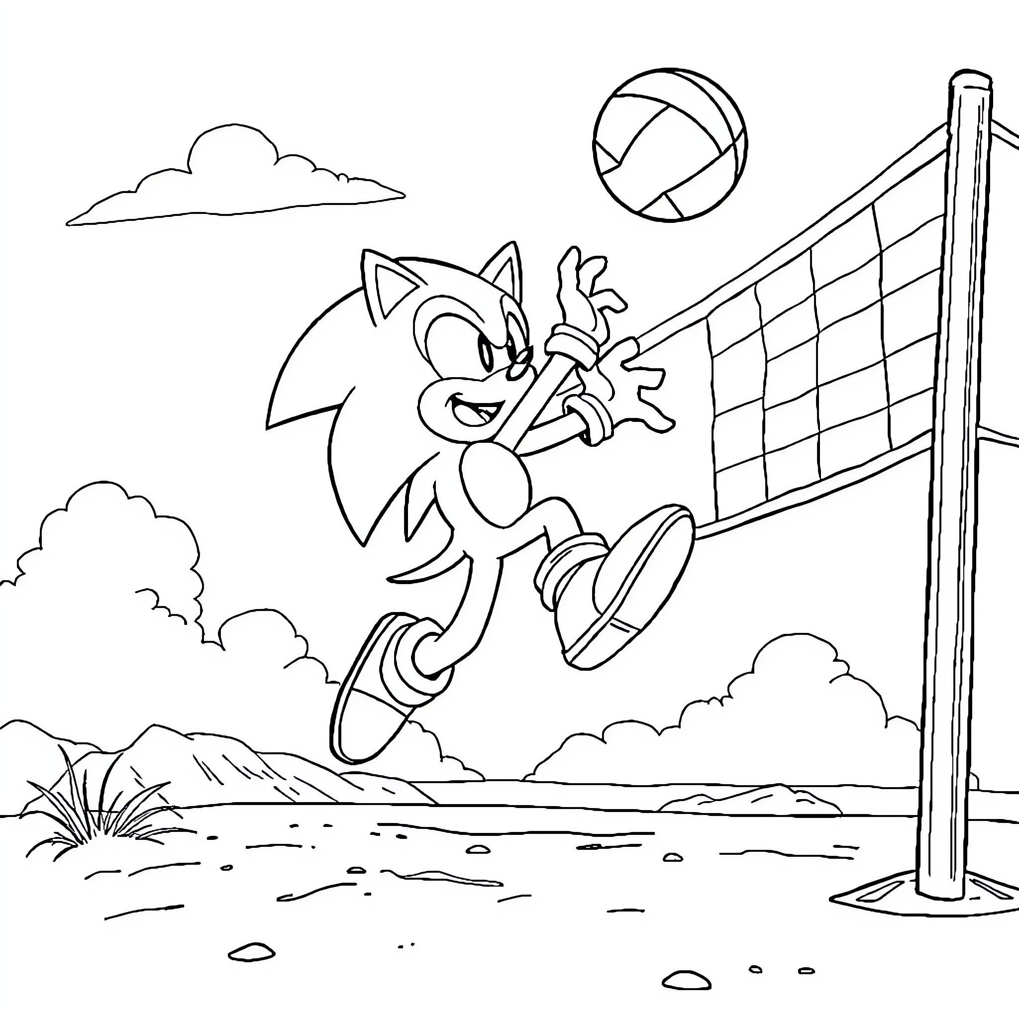 Sonic Playing Happily on the Volleyball Court Coloring Page (free black-and-white line drawing printable PDF for all, from beginners to advanced learners, including children, teens, adults, and seniors)