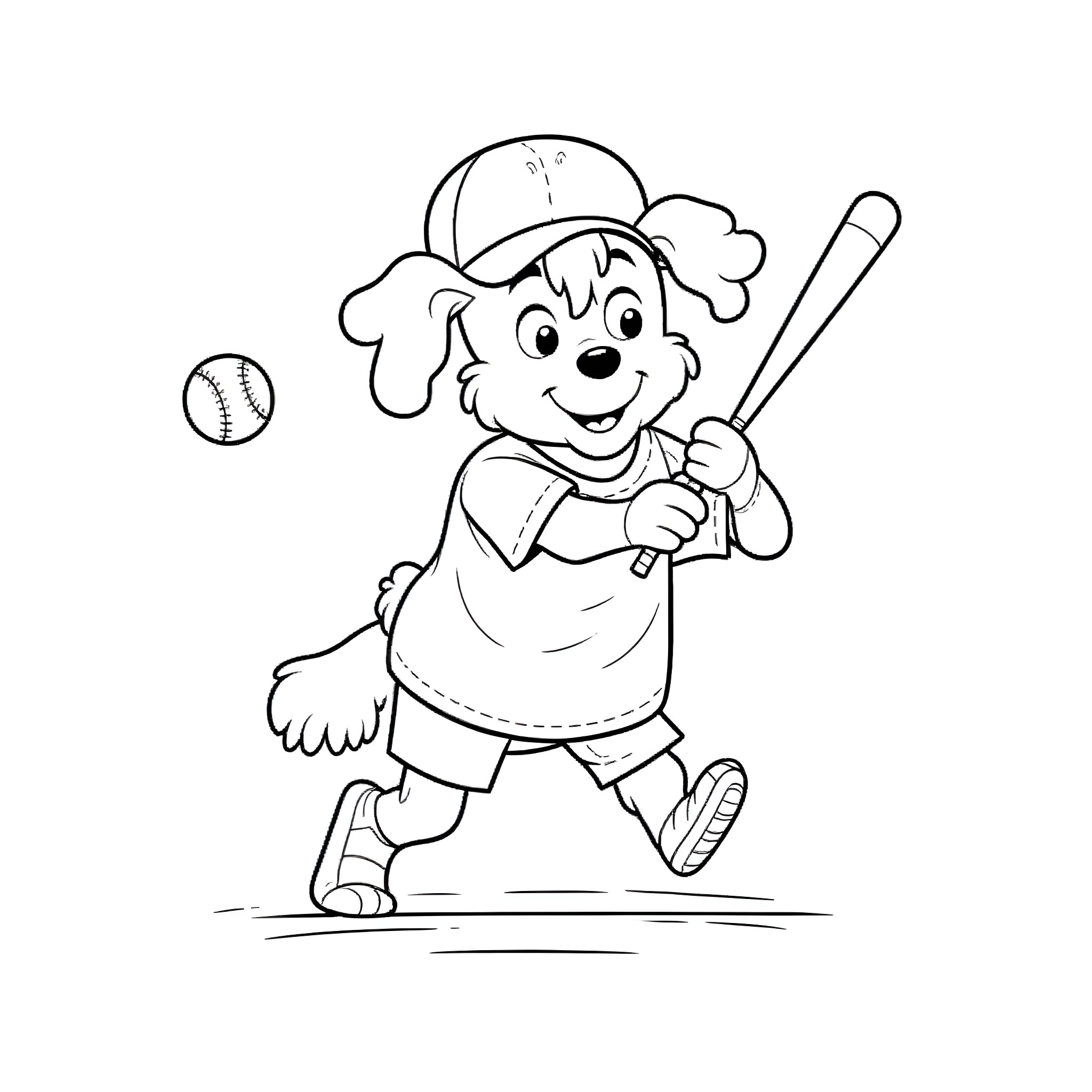Dog playing baseball with ball Coloring Page (free black-and-white line drawing printable PDF for all, from beginners to advanced learners, including children, teens, adults, and seniors)