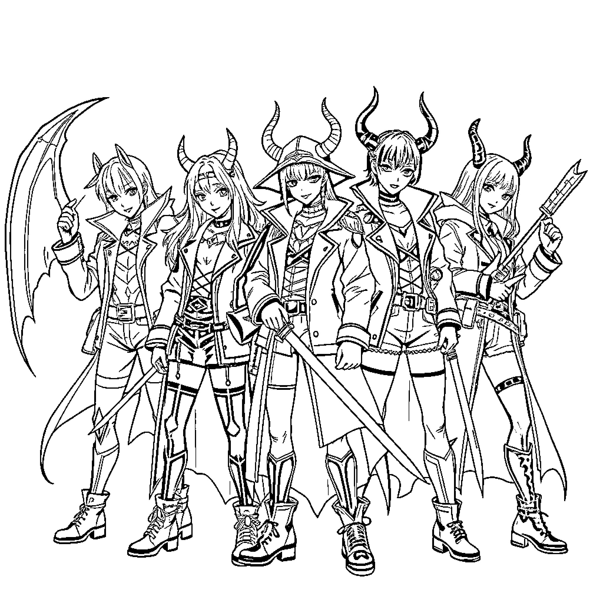 Kpop Demon Hunter Stylish Warrior Squad in Action Coloring Page (free black-and-white line drawing printable PDF for all, from beginners to advanced learners, including children, teens, adults, and seniors)