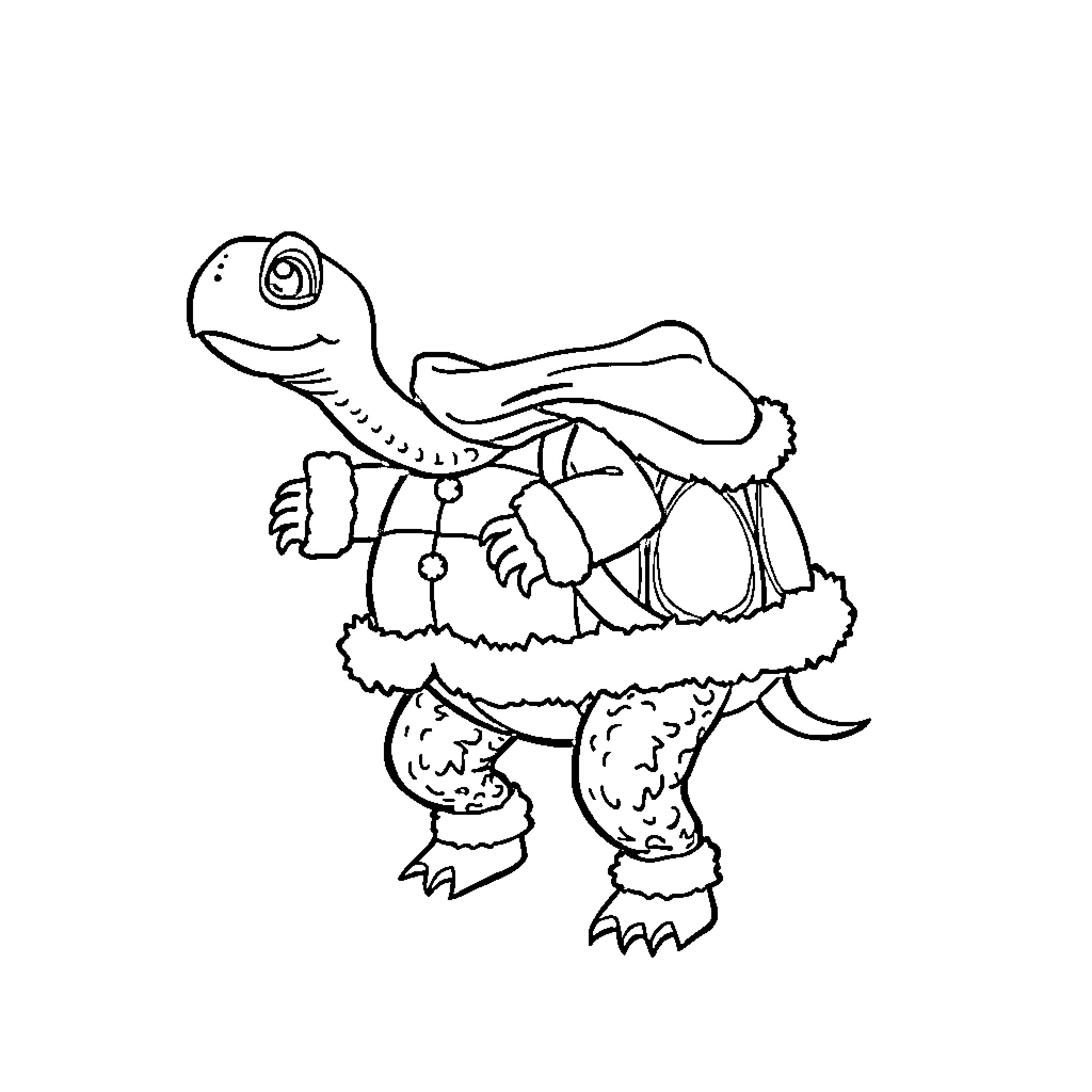 Turtle wearing winter coat and boots Coloring Page (free black-and-white line drawing printable PDF for all, from beginners to advanced learners, including children, teens, adults, and seniors)