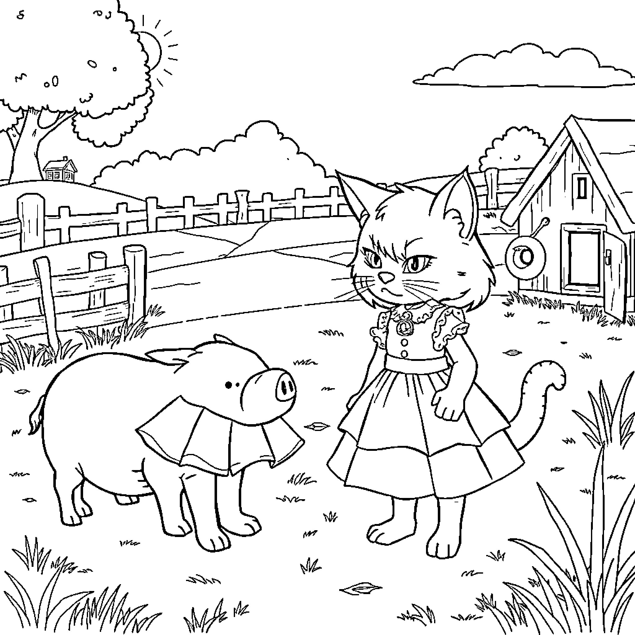 Cat Girl exploring the countryside with a pig companion Coloring Page (free black-and-white line drawing printable PDF for all, from beginners to advanced learners, including children, teens, adults, and seniors)