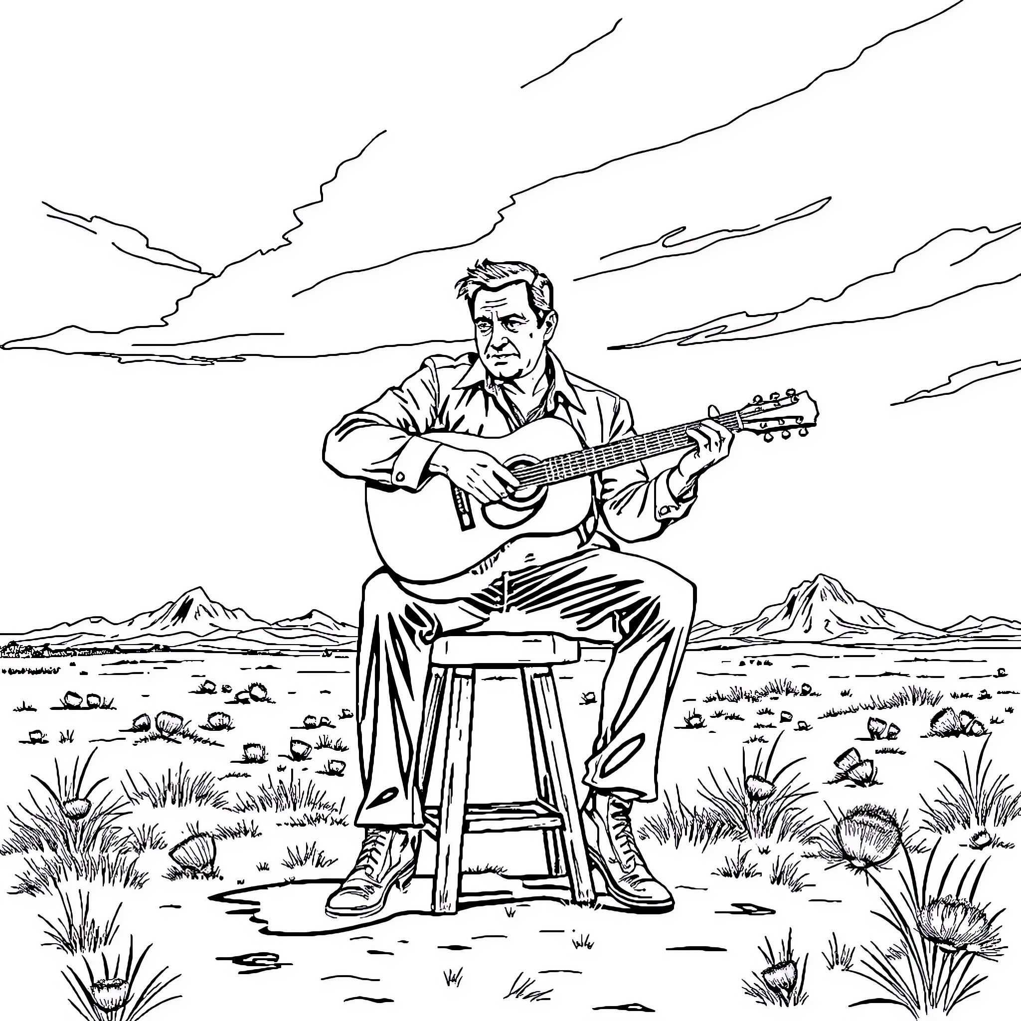 Johnny Cash performing with guitar in desert landscape Coloring Page (free black-and-white line drawing printable PDF for all, from beginners to advanced learners, including children, teens, adults, and seniors)
