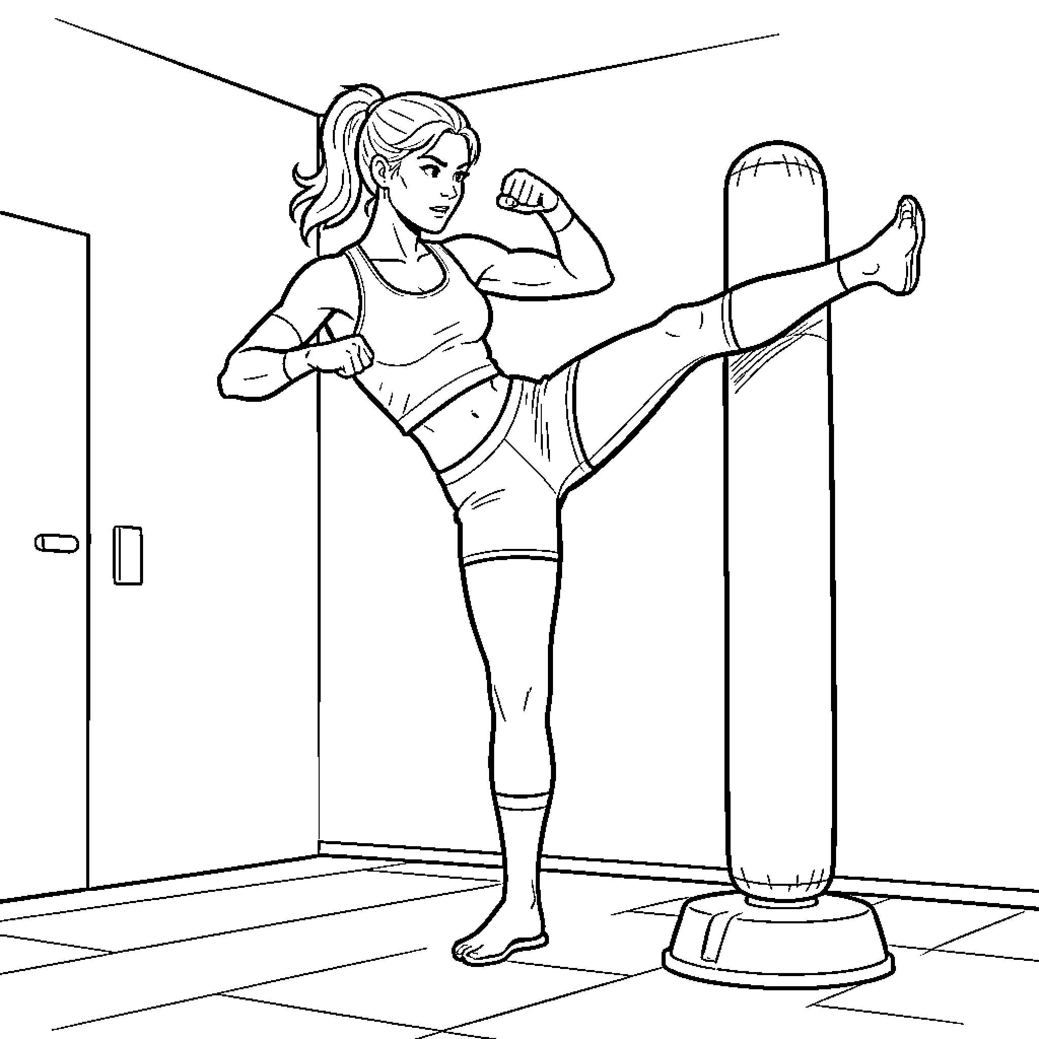 Woman practicing martial arts with a punching bag Coloring Page (free black-and-white line drawing printable PDF for all, from beginners to advanced learners, including children, teens, adults, and seniors)