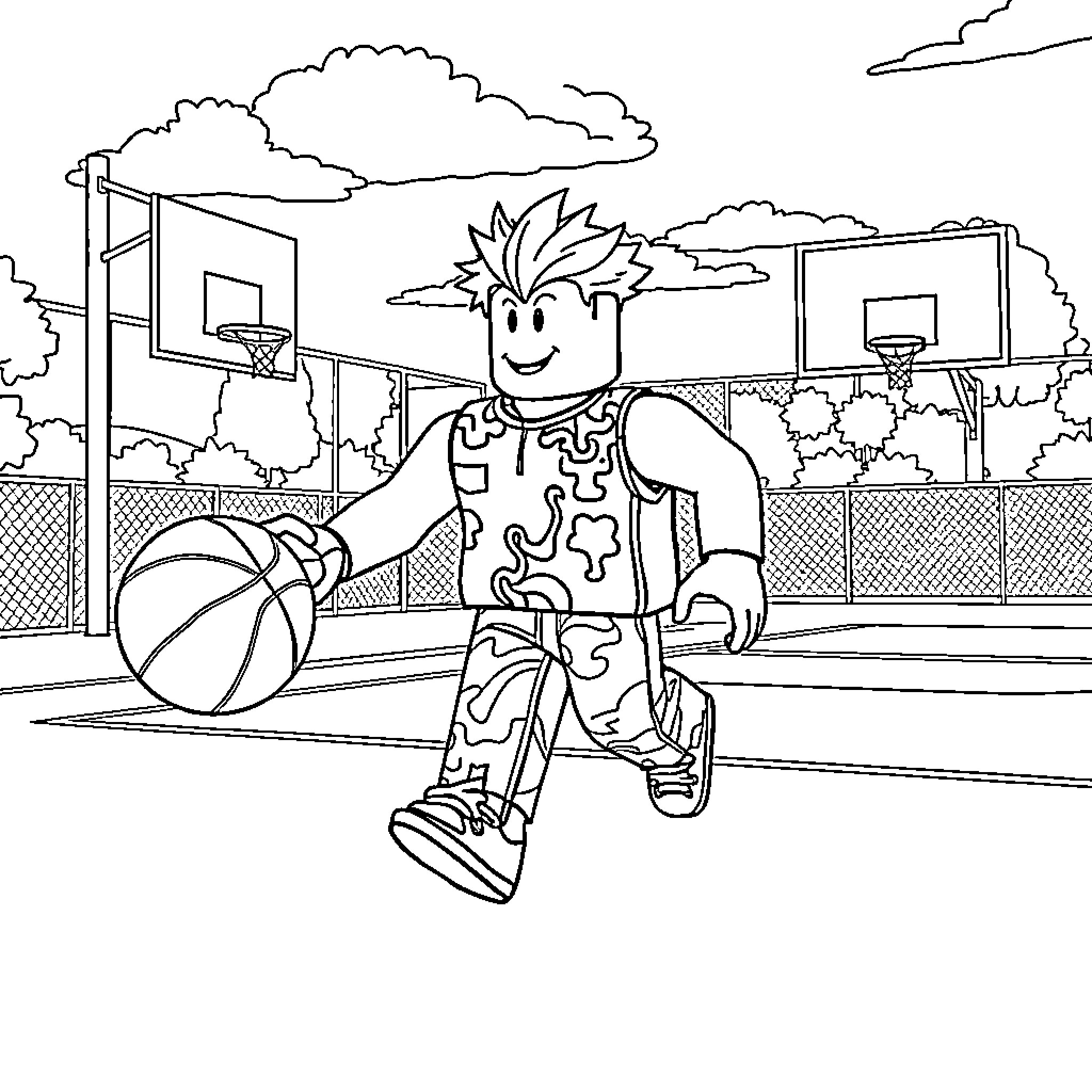 ROBLOX Man playing basketball on outdoor court Coloring Page (free black-and-white line drawing printable PDF for all, from beginners to advanced learners, including children, teens, adults, and seniors)