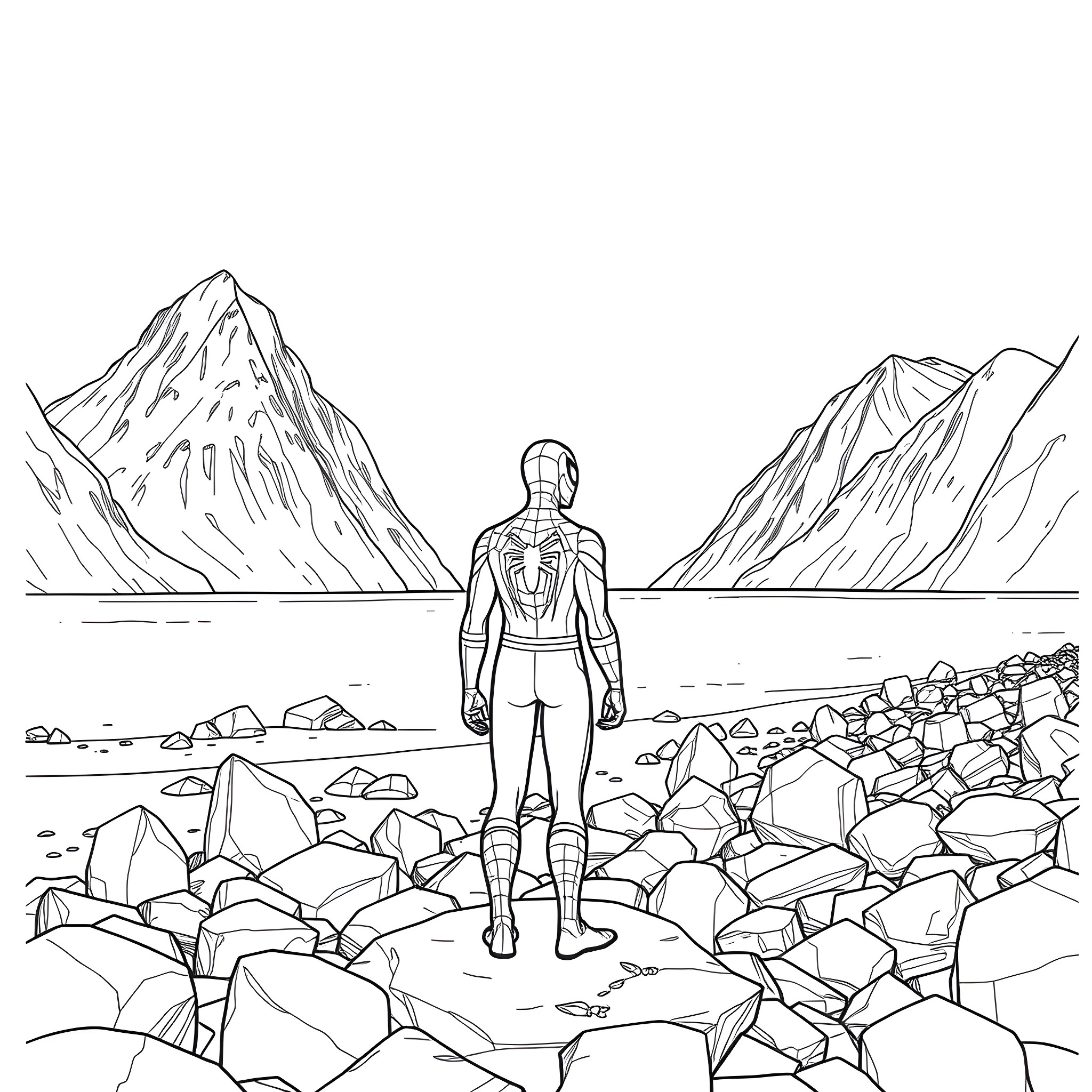 Spiderman standing tall among rocky mountains Coloring Page (free black-and-white line drawing printable PDF for all, from beginners to advanced learners, including children, teens, adults, and seniors)