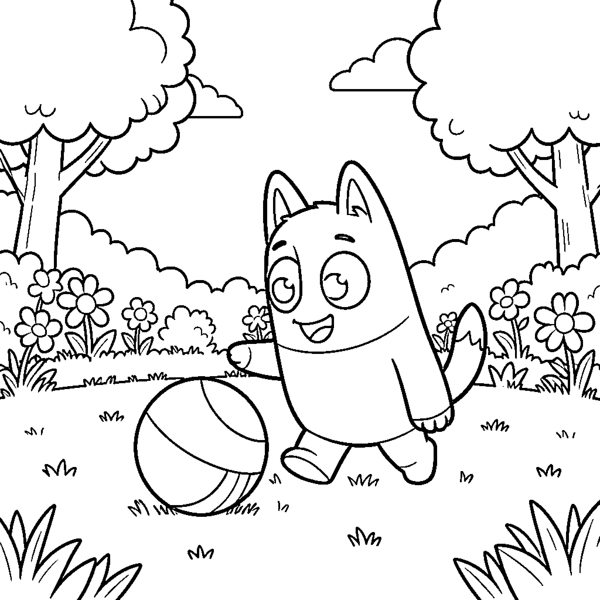Bluey playing happily in the park Coloring Page (free black-and-white line drawing printable PDF for all, from beginners to advanced learners, including children, teens, adults, and seniors)