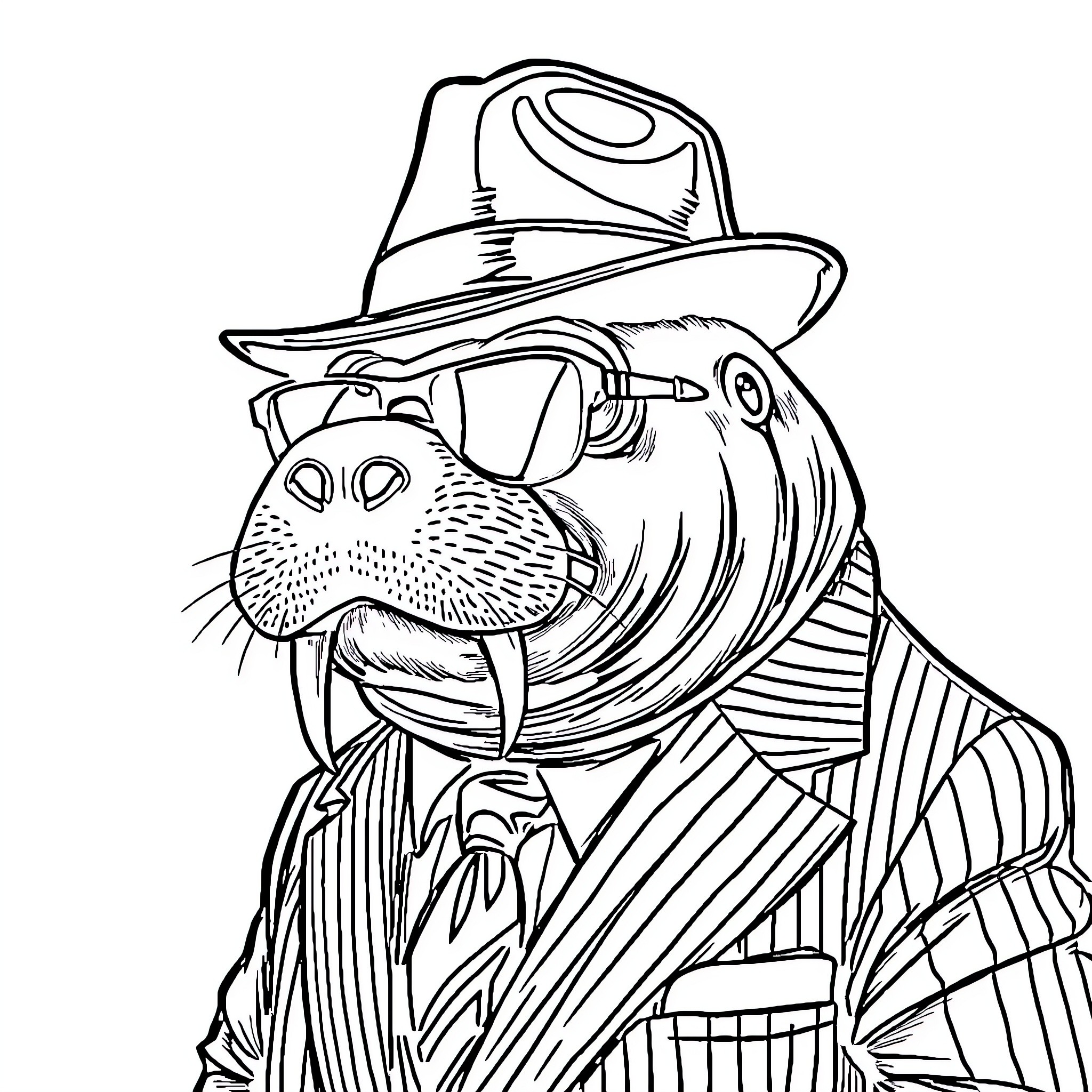 Manatee wearing detective's hat and outfit Coloring Page (free black-and-white line drawing printable PDF for all, from beginners to advanced learners, including children, teens, adults, and seniors)