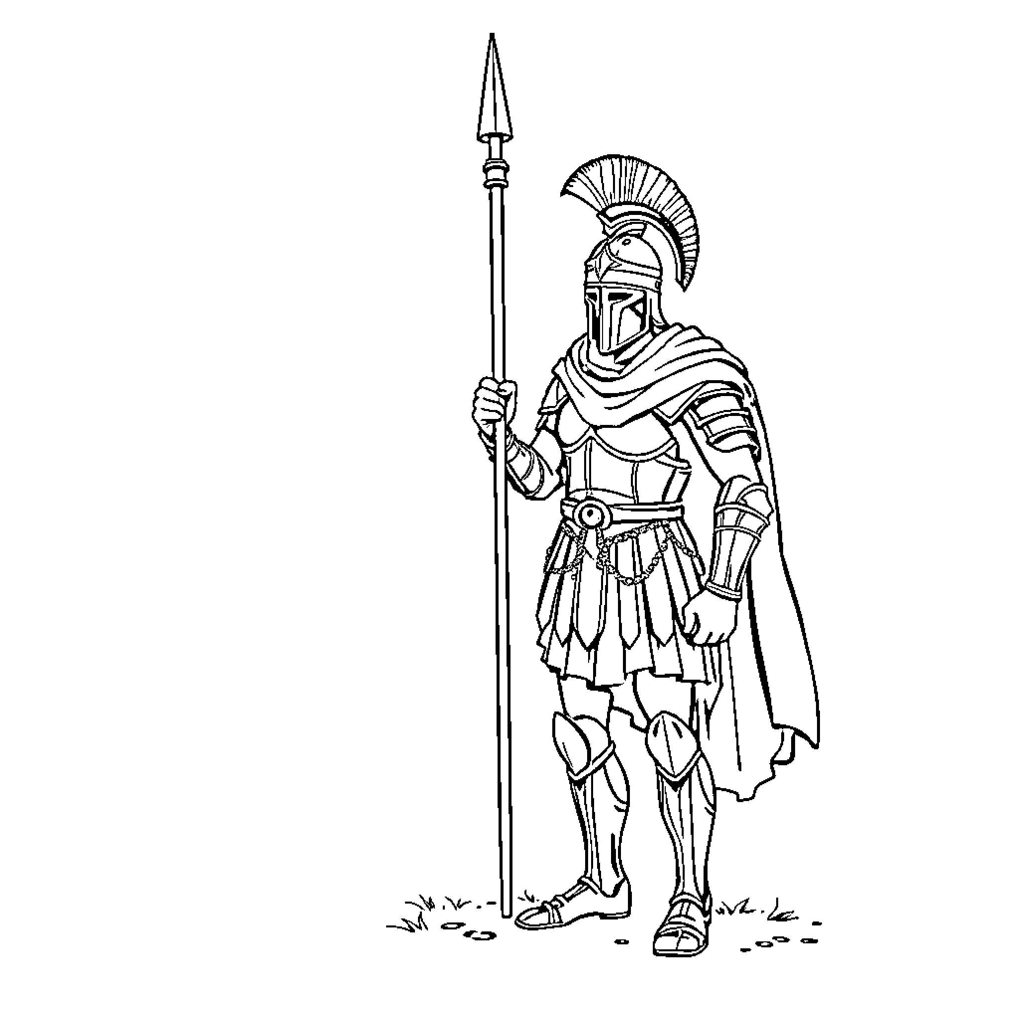 Roman Soldier Wielding Spear in Armored Attire Coloring Page (free black-and-white line drawing printable PDF for all, from beginners to advanced learners, including children, teens, adults, and seniors)
