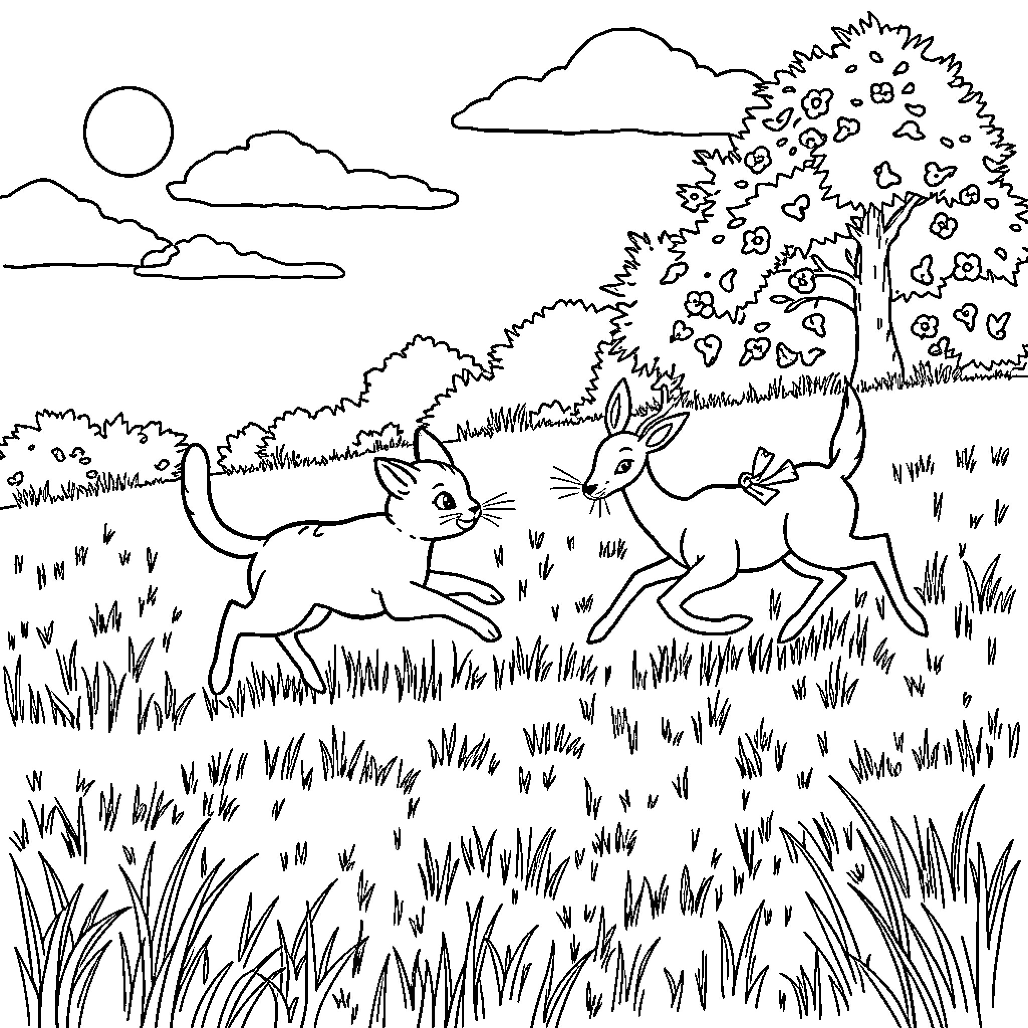 Cat chasing rabbits through a serene landscape Coloring Page (free black-and-white line drawing printable PDF for all, from beginners to advanced learners, including children, teens, adults, and seniors)