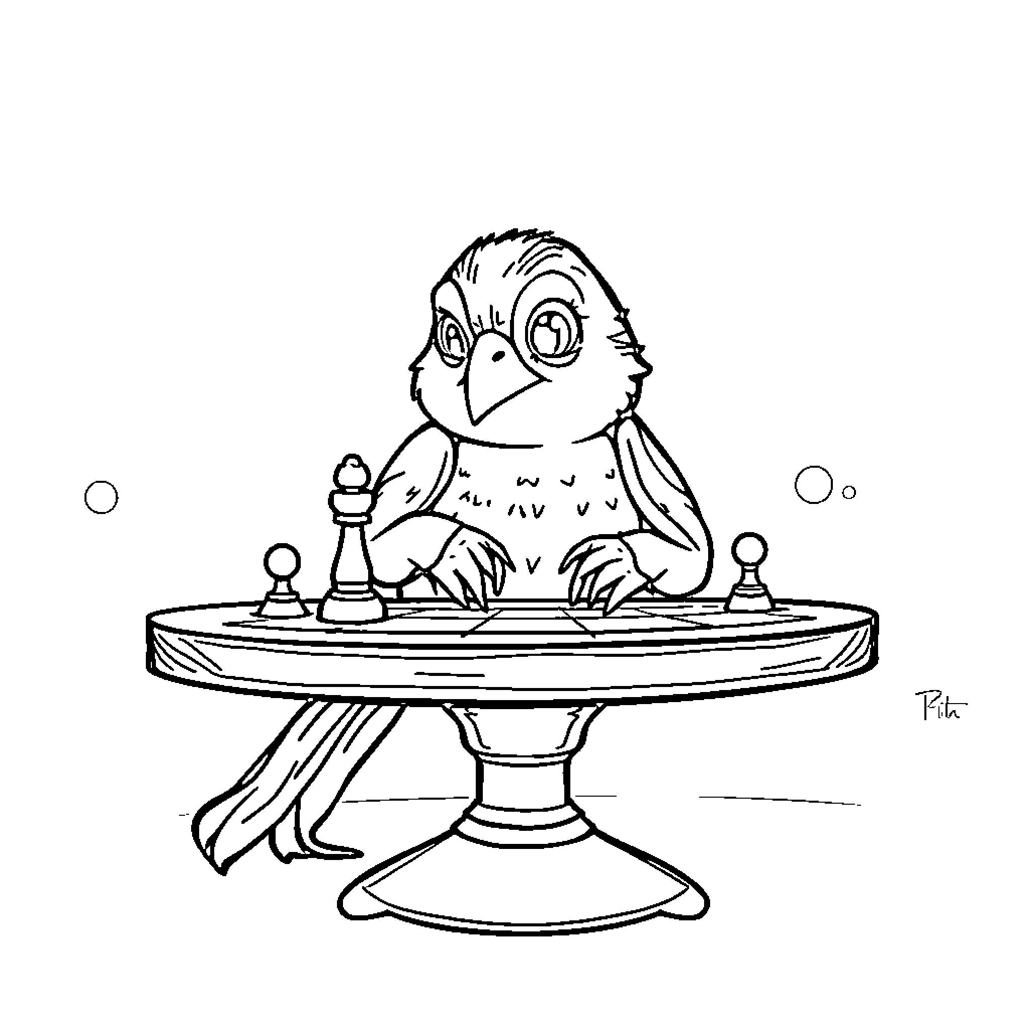 Sparrow Playing Chess on a Pedestal Coloring Page (free black-and-white line drawing printable PDF for all, from beginners to advanced learners, including children, teens, adults, and seniors)