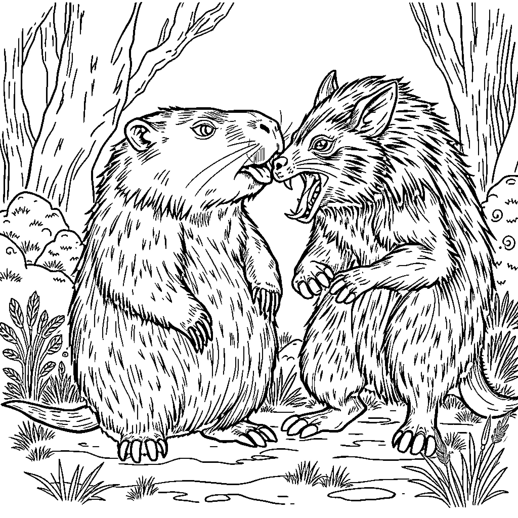 Capybara quarrel in the wilderness Coloring Page (free black-and-white line drawing printable PDF for all, from beginners to advanced learners, including children, teens, adults, and seniors)