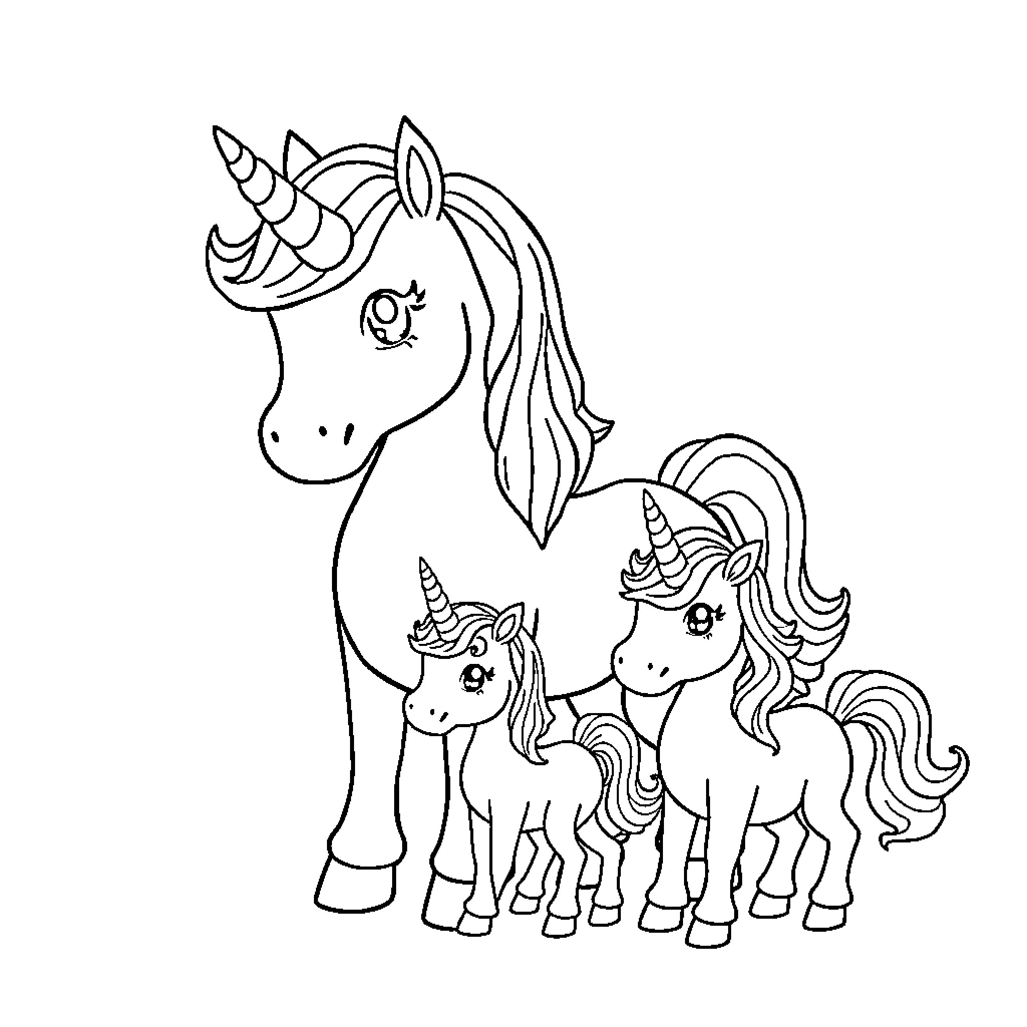 Unicorn family enjoying a peaceful moment Coloring Page (free black-and-white line drawing printable PDF for all, from beginners to advanced learners, including children, teens, adults, and seniors)