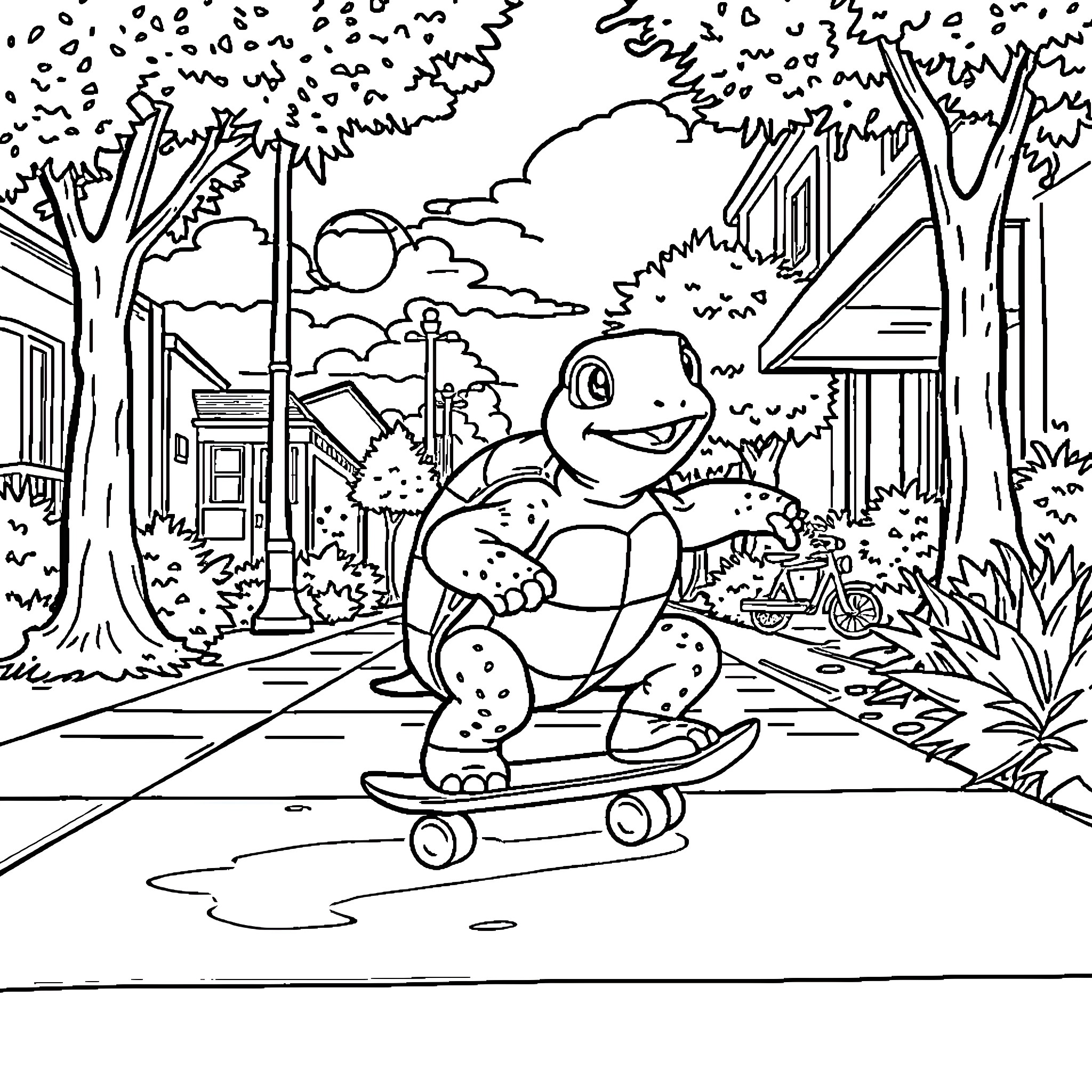 Turtle riding skateboard in urban neighborhood Coloring Page (free black-and-white line drawing printable PDF for all, from beginners to advanced learners, including children, teens, adults, and seniors)