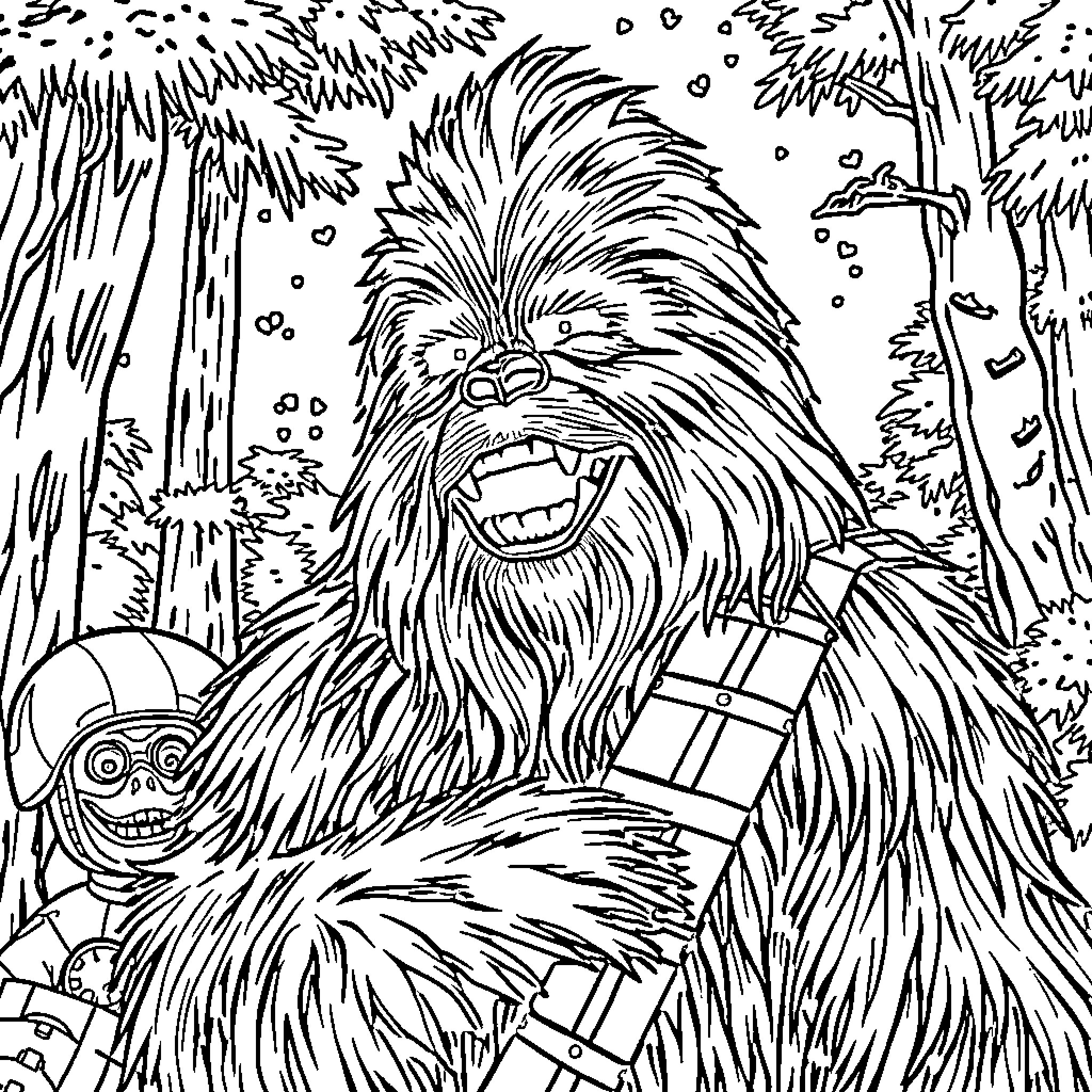 Chubaca having fun with droids in the forest Coloring Page (free black-and-white line drawing printable PDF for all, from beginners to advanced learners, including children, teens, adults, and seniors)