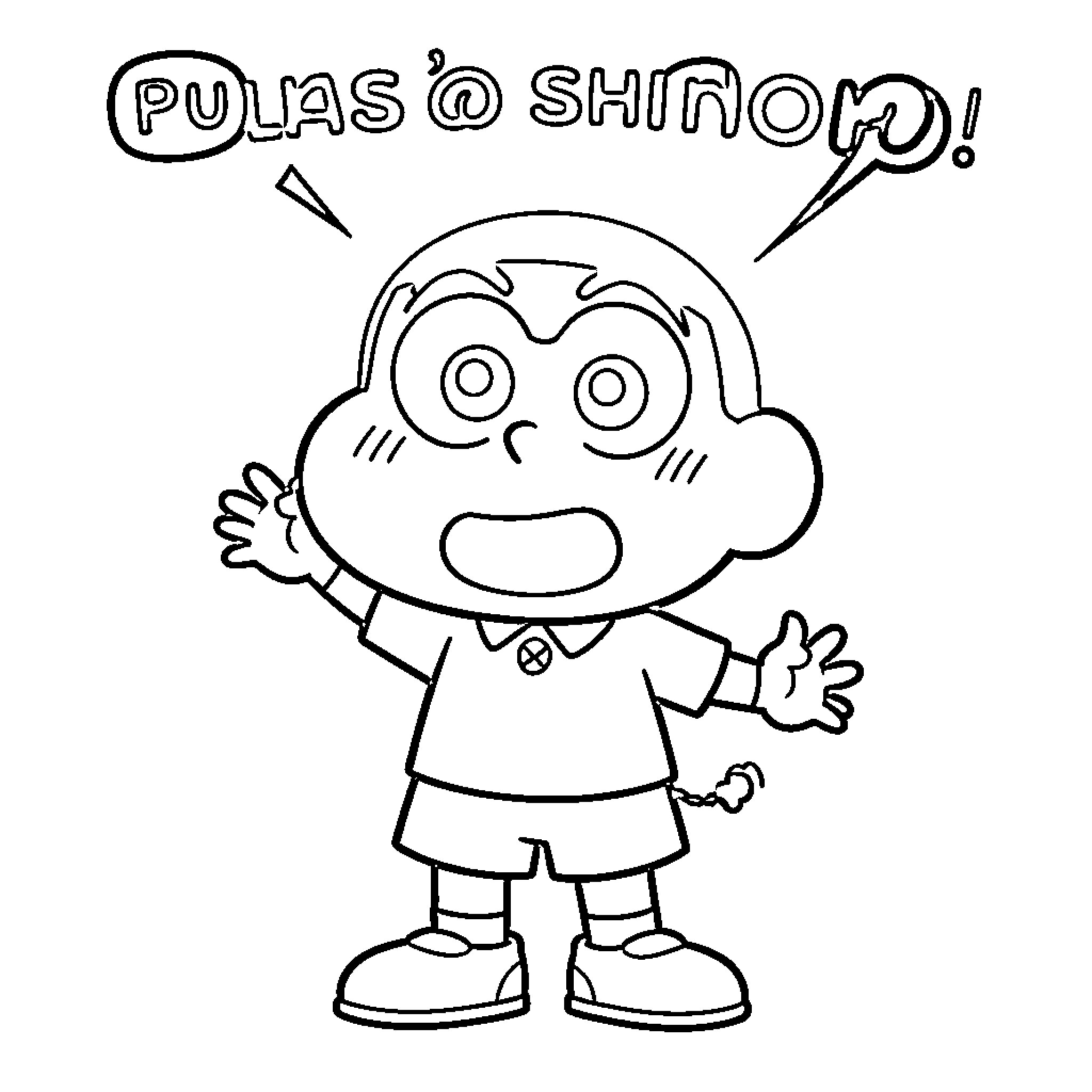 Shinchan shouting excitedly with arms spread wide Coloring Page (free black-and-white line drawing printable PDF for all, from beginners to advanced learners, including children, teens, adults, and seniors)