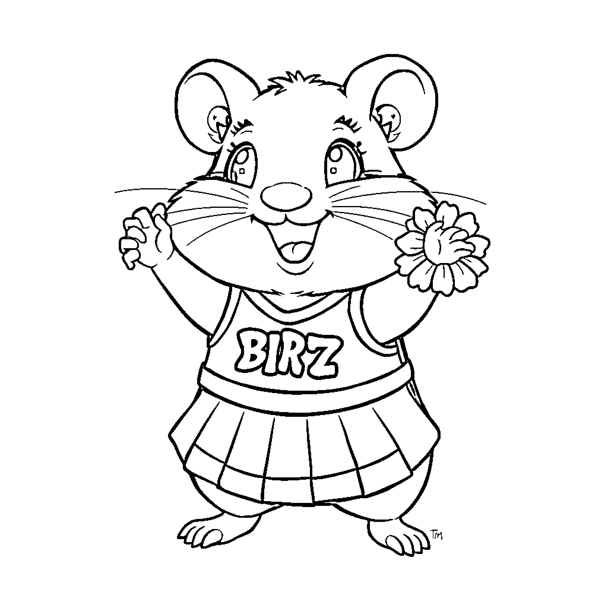 Hamster dressed happily with flower and holding sign Coloring Page (free black-and-white line drawing printable PDF for all, from beginners to advanced learners, including children, teens, adults, and seniors)