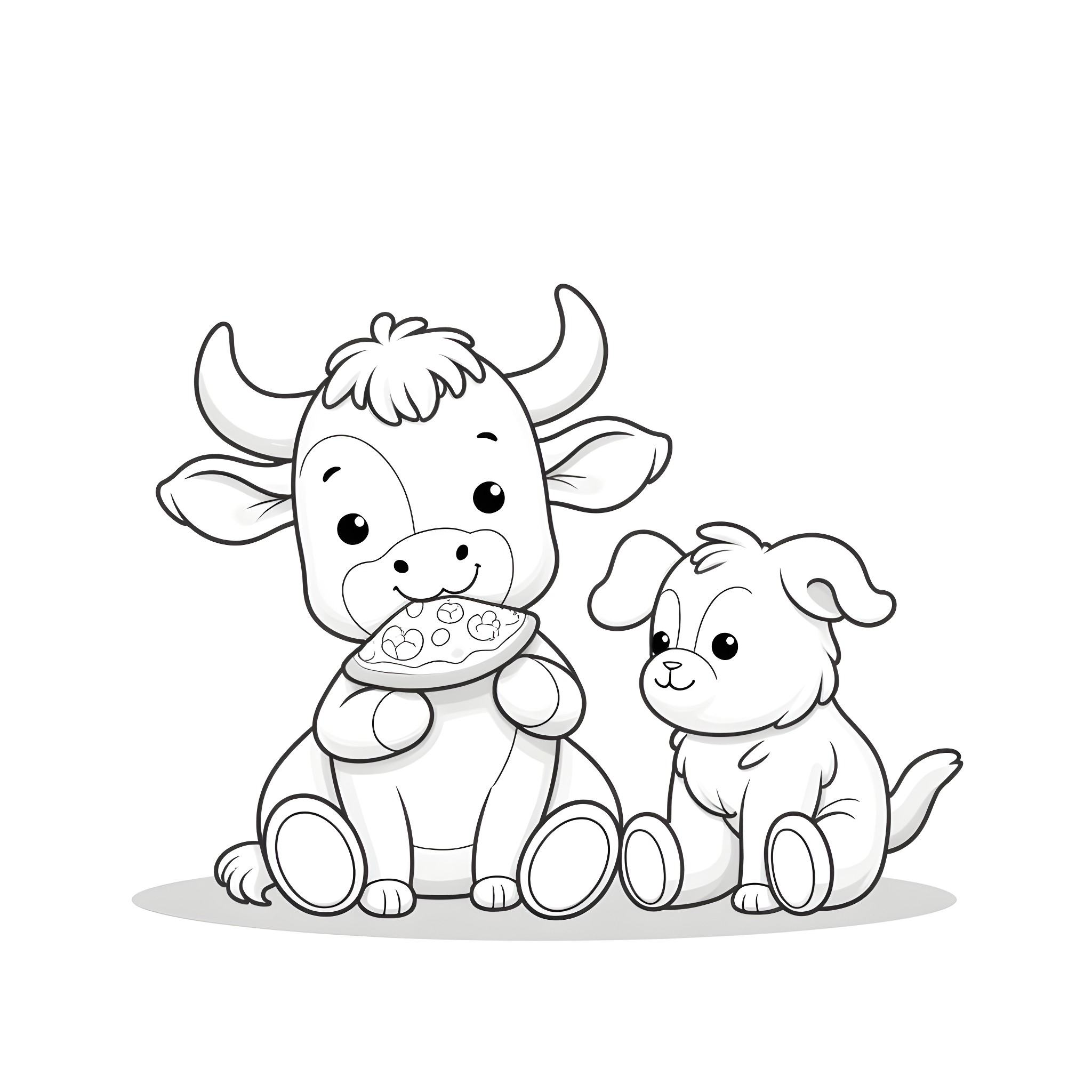 Cow and dog playing together Coloring Page (free black-and-white line drawing printable PDF for all, from beginners to advanced learners, including children, teens, adults, and seniors)