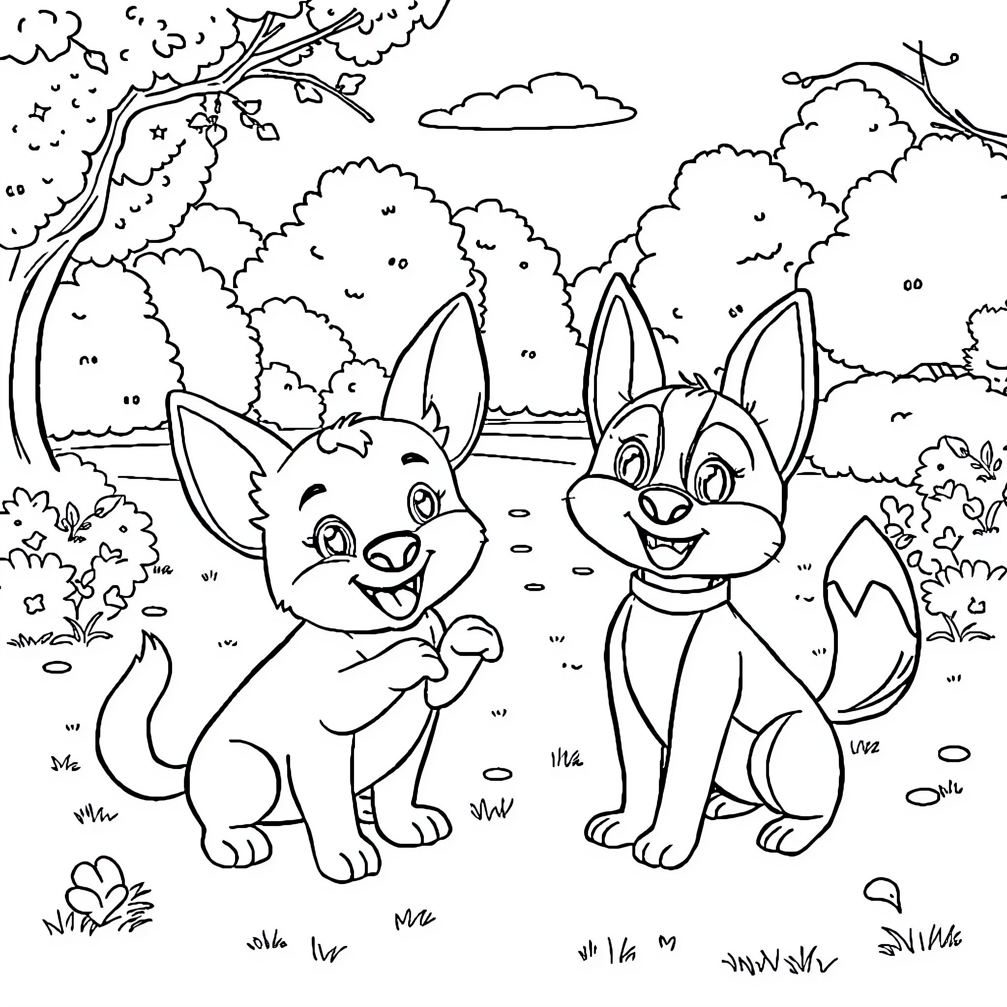 Bluey and Bingo Explore the Outdoor Adventure Coloring Page (free black-and-white line drawing printable PDF for all, from beginners to advanced learners, including children, teens, adults, and seniors)
