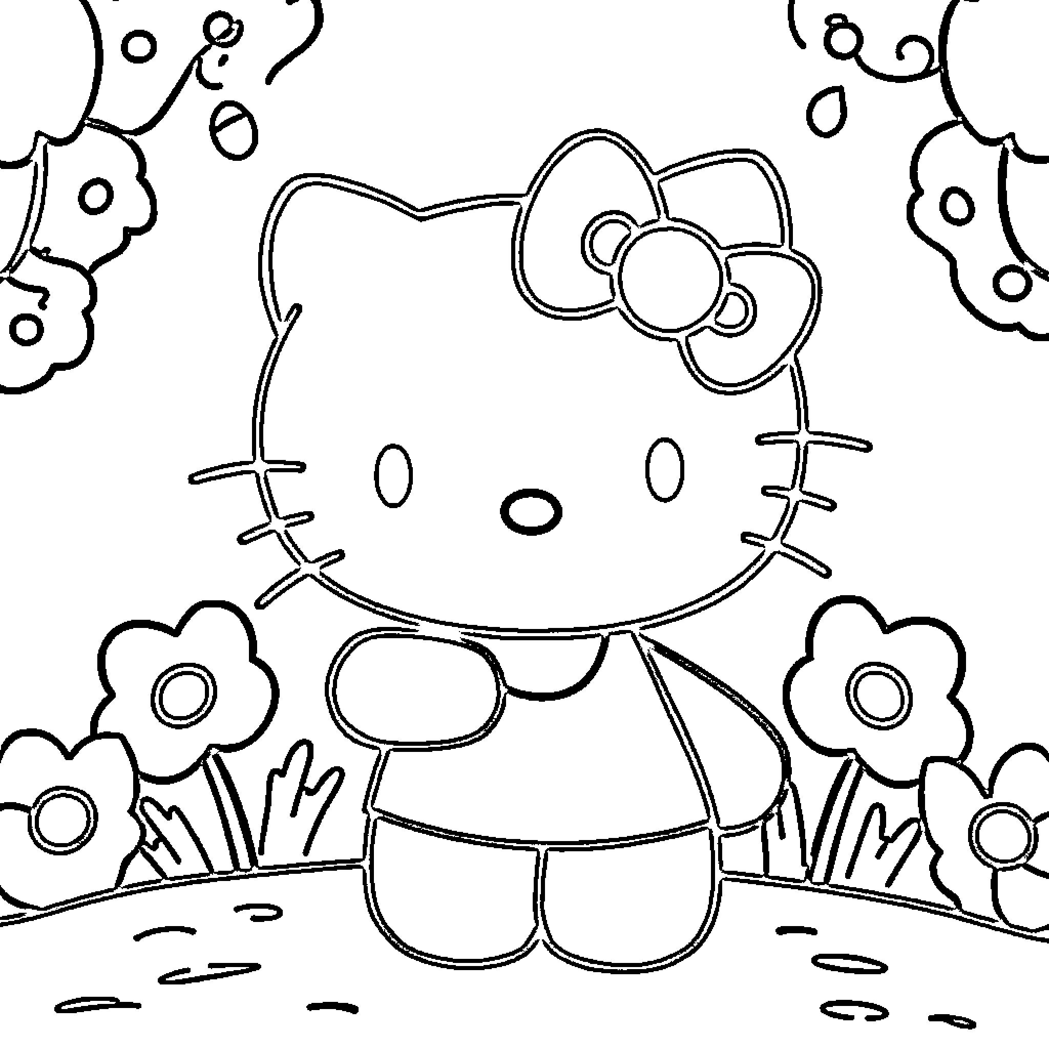 Hello Kitty Enjoying a Flowery Day Coloring Page (free black-and-white line drawing printable PDF for all, from beginners to advanced learners, including children, teens, adults, and seniors)