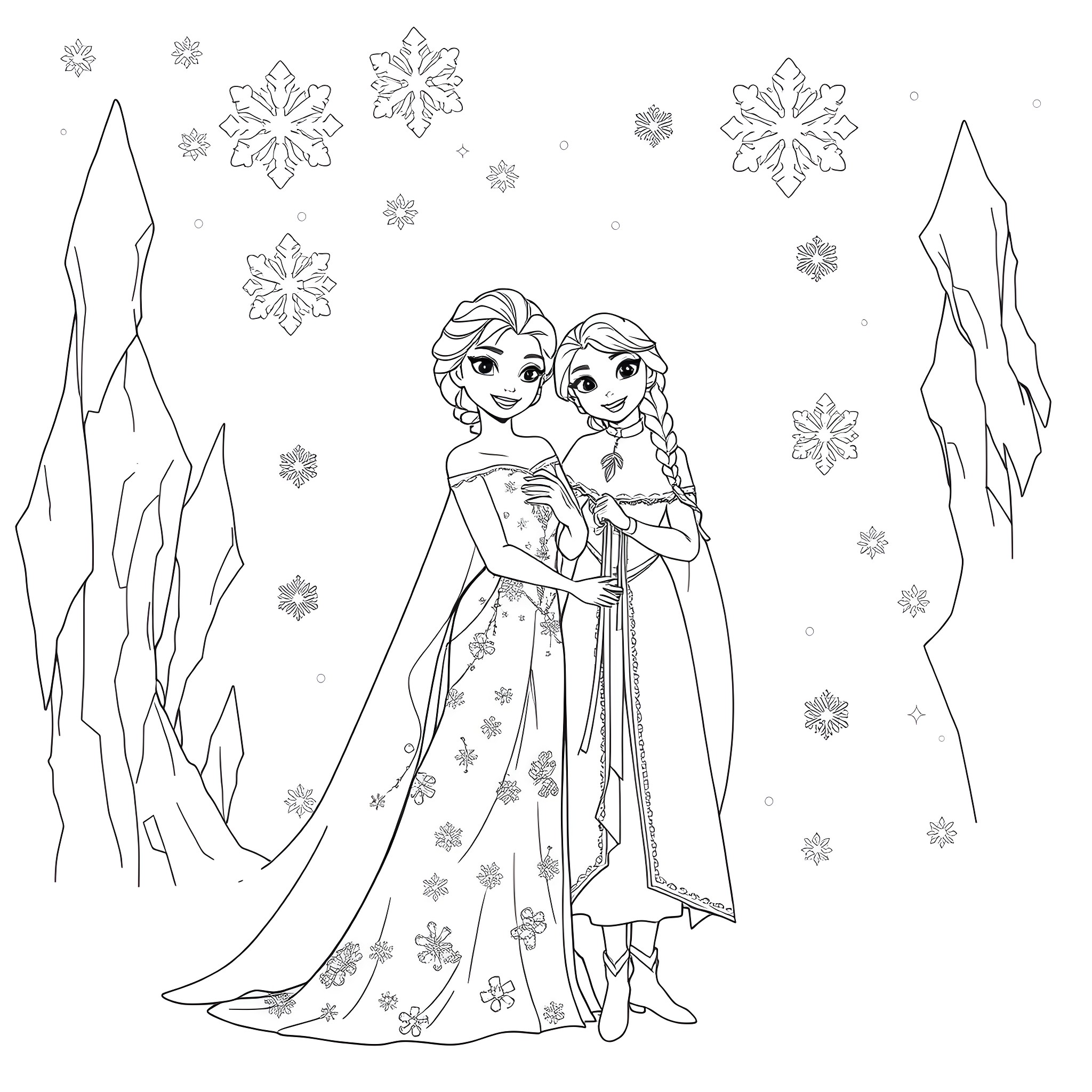 Elsa and Anna in Winter Wonderland Coloring Page (free black-and-white line drawing printable PDF for all, from beginners to advanced learners, including children, teens, adults, and seniors)