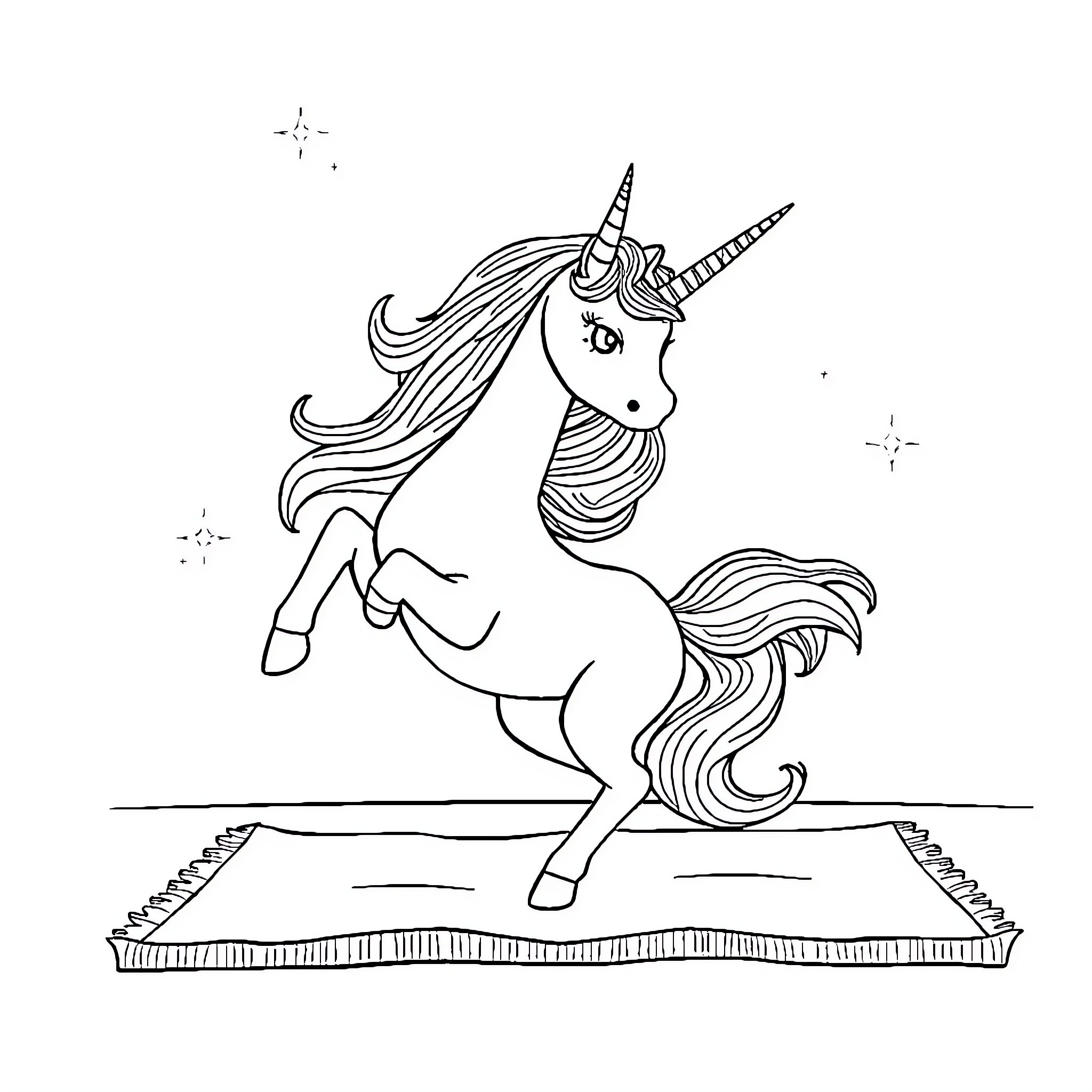 Unicorn dancing joyfully on a magic carpet Coloring Page (free black-and-white line drawing printable PDF for all, from beginners to advanced learners, including children, teens, adults, and seniors)