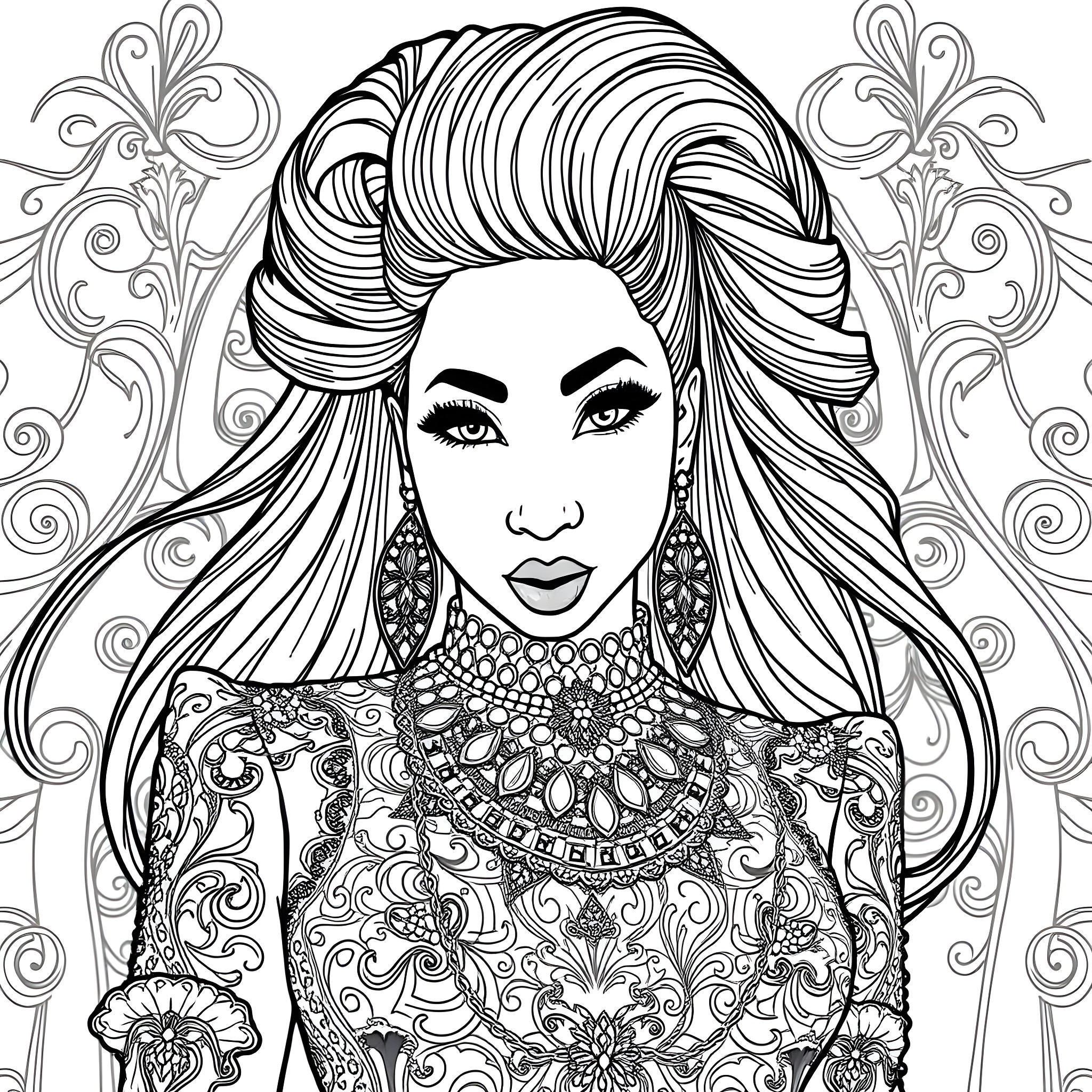Nicki Minaj's Glamorous Portrait with Intricate Designs Coloring Page (free black-and-white line drawing printable PDF for all, from beginners to advanced learners, including children, teens, adults, and seniors)