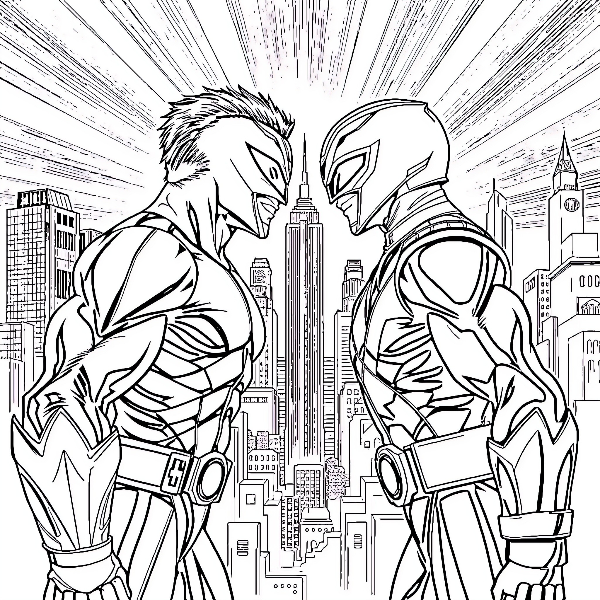 X-Men Heroes Facing Off in Epic City Showdown Coloring Page (free black-and-white line drawing printable PDF for all, from beginners to advanced learners, including children, teens, adults, and seniors)