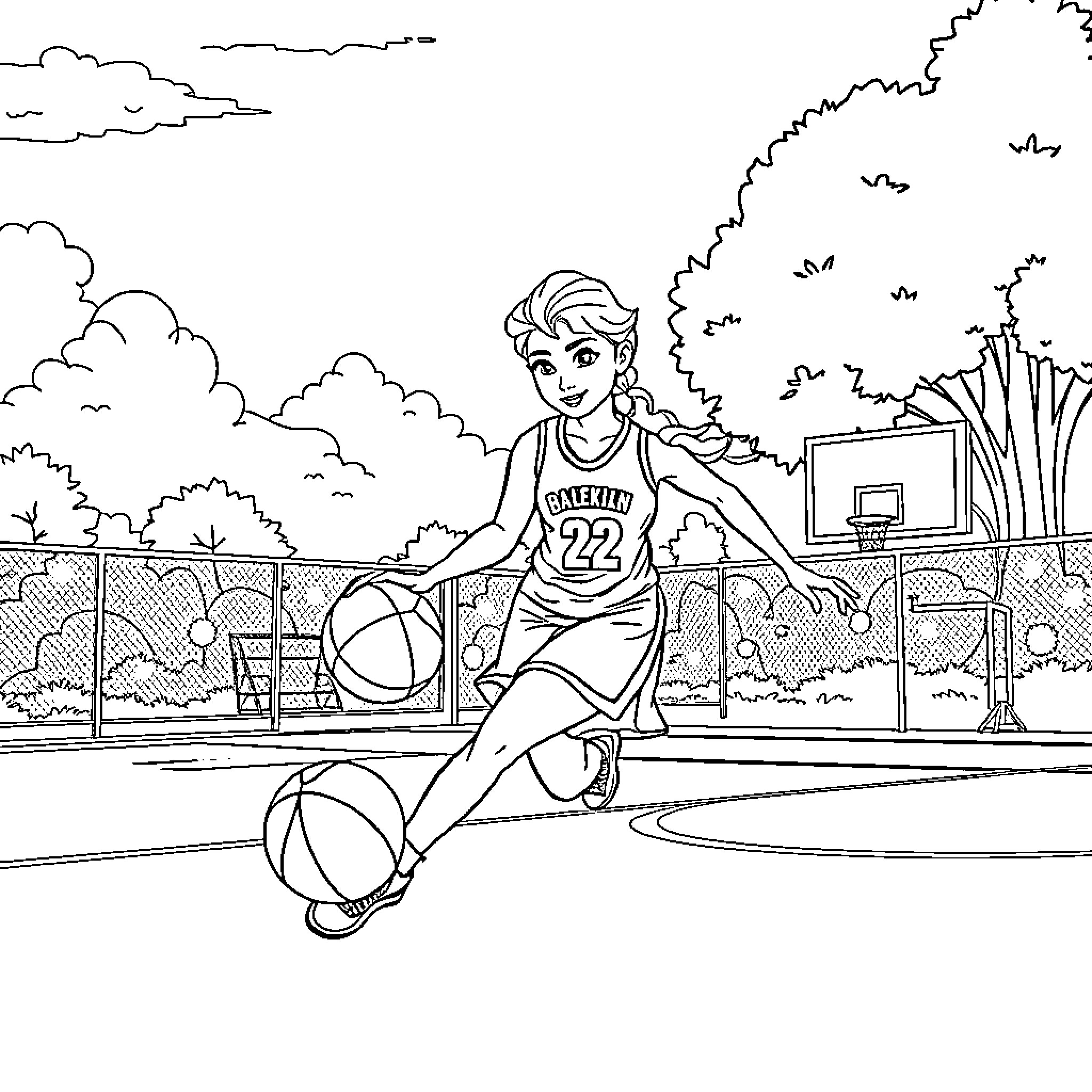 Elsa playing basketball on the court Coloring Page (free black-and-white line drawing printable PDF for all, from beginners to advanced learners, including children, teens, adults, and seniors)