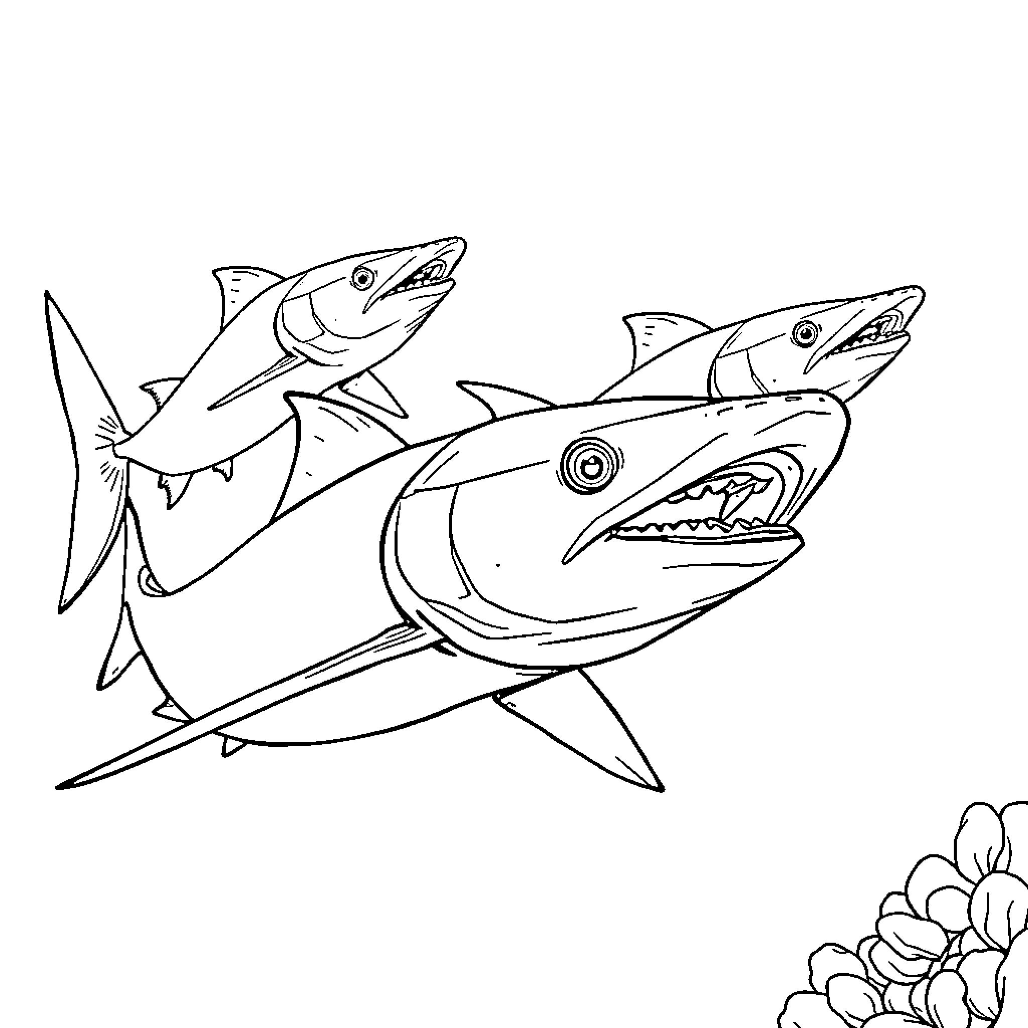 Barracuda hunting in the ocean Coloring Page (free black-and-white line drawing printable PDF for all, from beginners to advanced learners, including children, teens, adults, and seniors)
