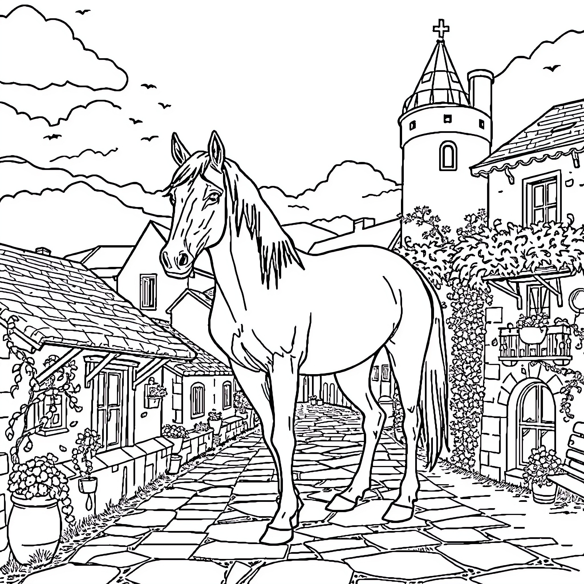 Horse standing in a medieval village Coloring Page (free black-and-white line drawing printable PDF for all, from beginners to advanced learners, including children, teens, adults, and seniors)