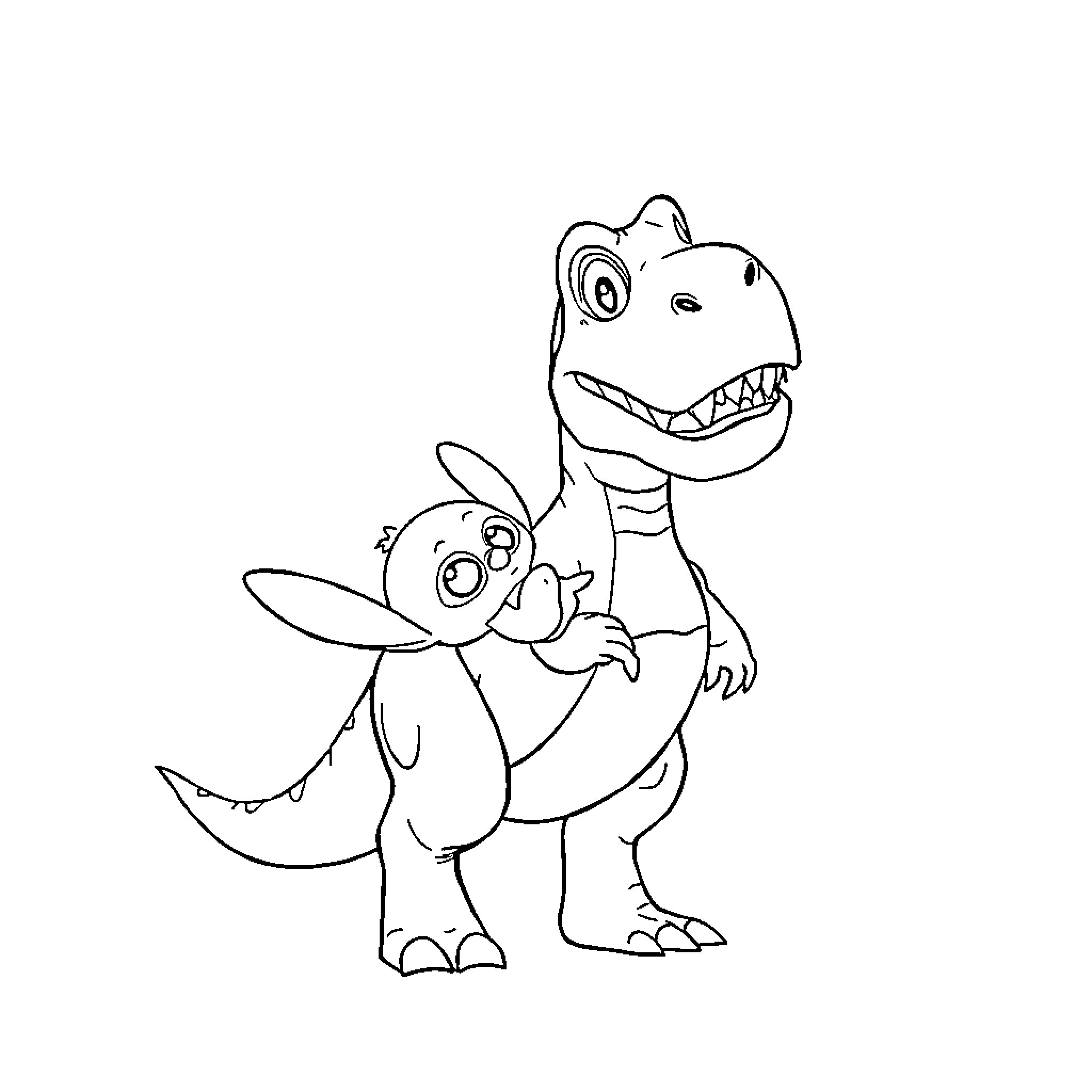 Rex playing with a smiling companion Coloring Page (free black-and-white line drawing printable PDF for all, from beginners to advanced learners, including children, teens, adults, and seniors)