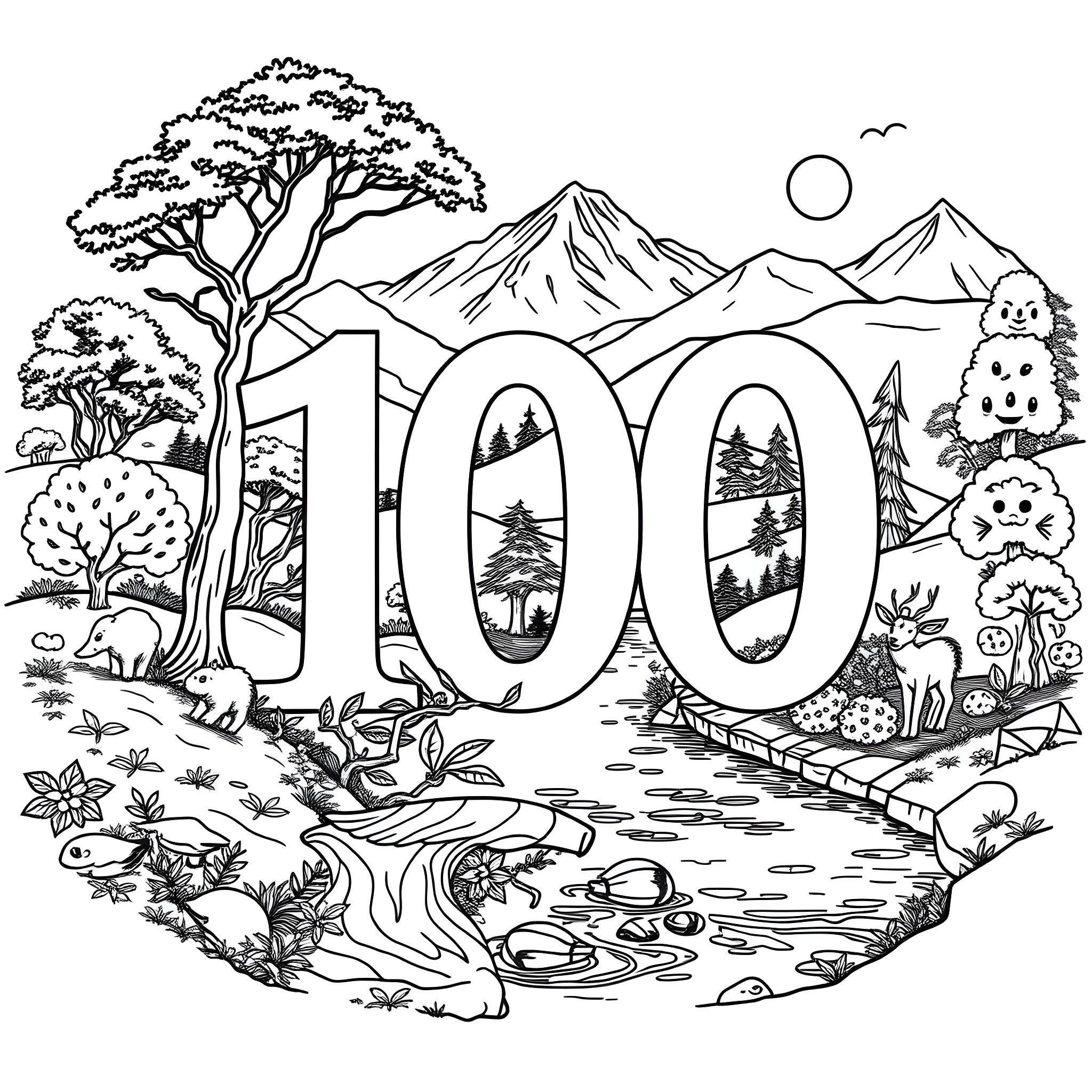 Number 100 Nature Scene with Mountains and Animals Coloring Page (free black-and-white line drawing printable PDF for all, from beginners to advanced learners, including children, teens, adults, and seniors)