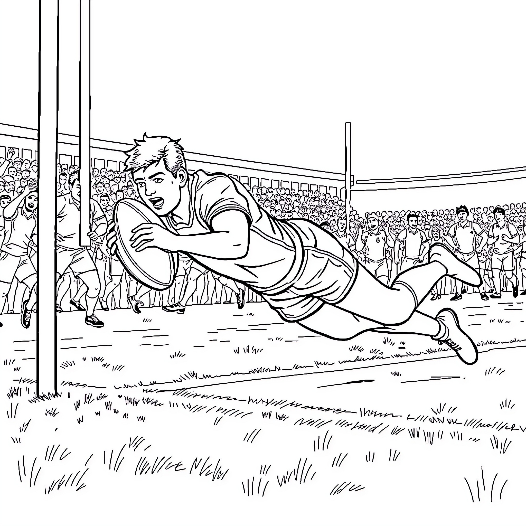 Rugby Player Diving for the Ball on Field Coloring Page (free black-and-white line drawing printable PDF for all, from beginners to advanced learners, including children, teens, adults, and seniors)