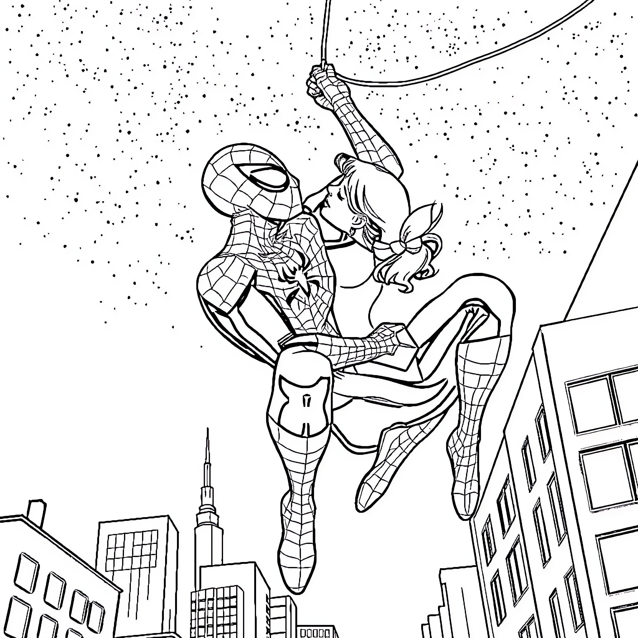 Spiderman swinging through the city Coloring Page (free black-and-white line drawing printable PDF for all, from beginners to advanced learners, including children, teens, adults, and seniors)