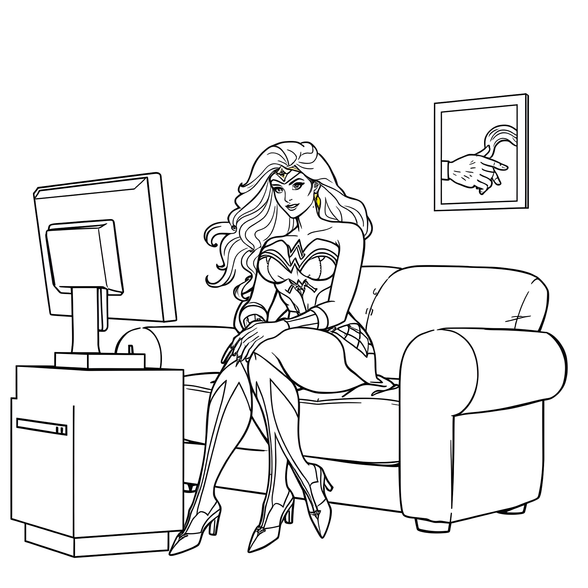 Wonder Woman relaxing at home Coloring Page (free black-and-white line drawing printable PDF for all, from beginners to advanced learners, including children, teens, adults, and seniors)