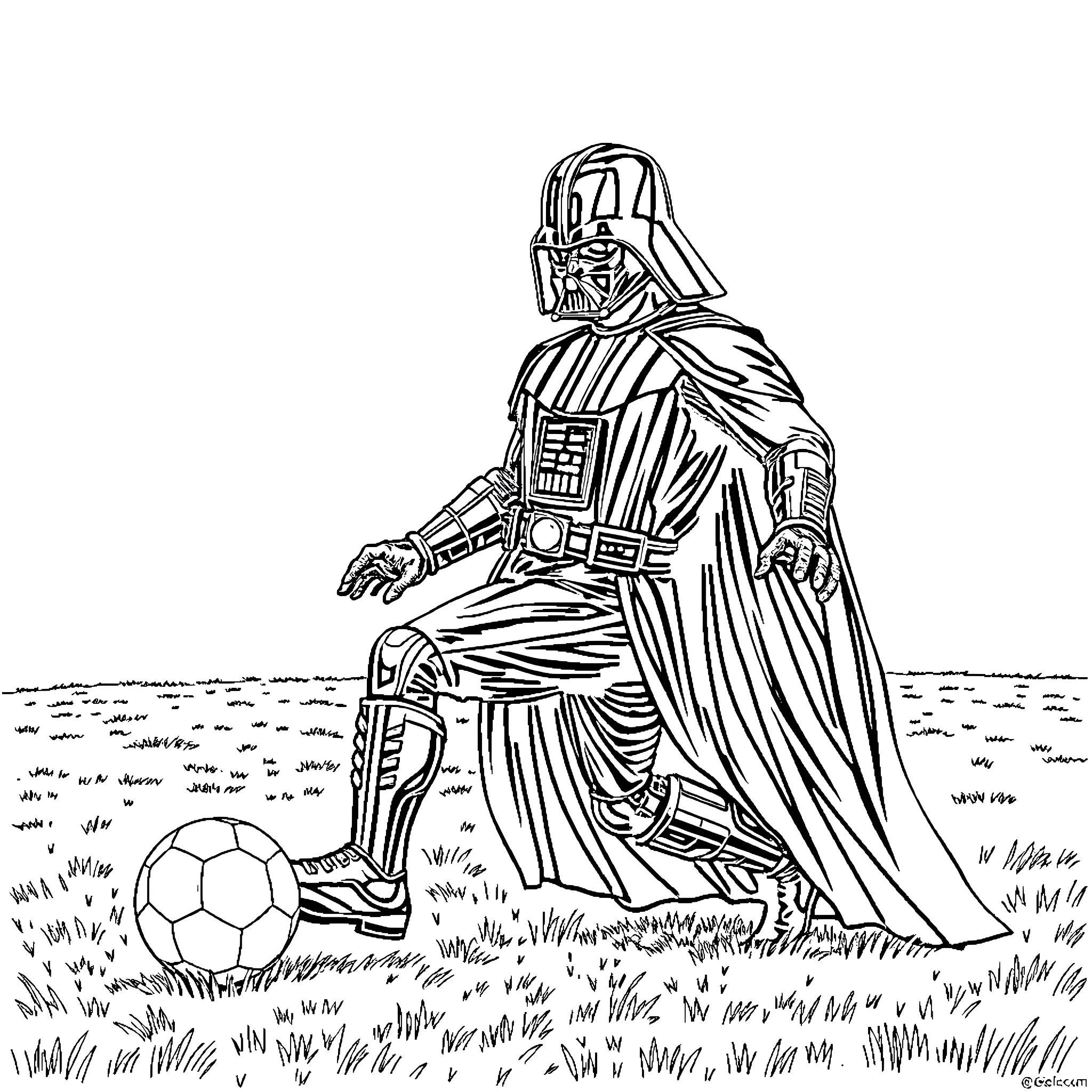 Darth Vader playing with a soccer ball Coloring Page (free black-and-white line drawing printable PDF for all, from beginners to advanced learners, including children, teens, adults, and seniors)