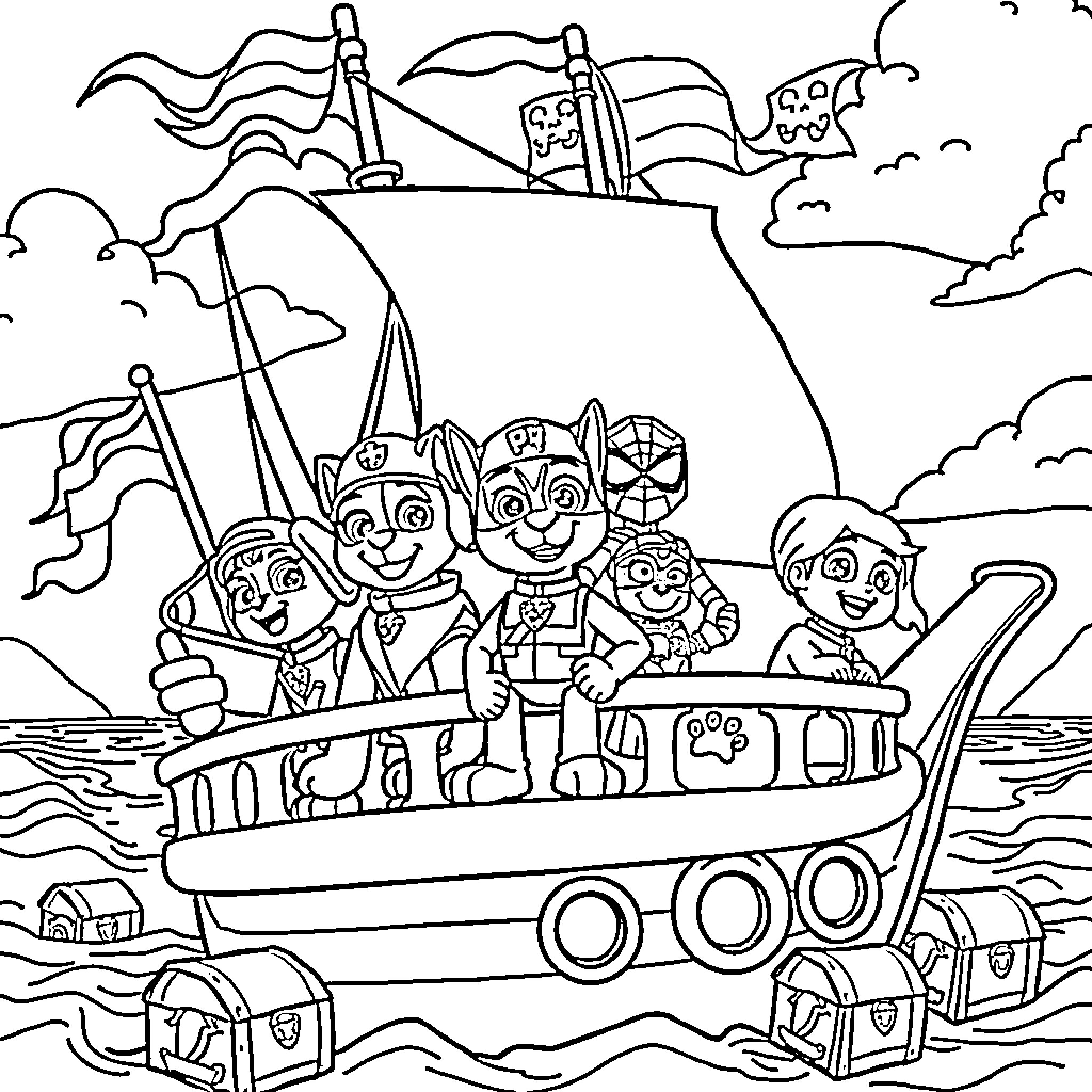 Paw Patrol characters on a pirate ship adventure Coloring Page (free black-and-white line drawing printable PDF for all, from beginners to advanced learners, including children, teens, adults, and seniors)