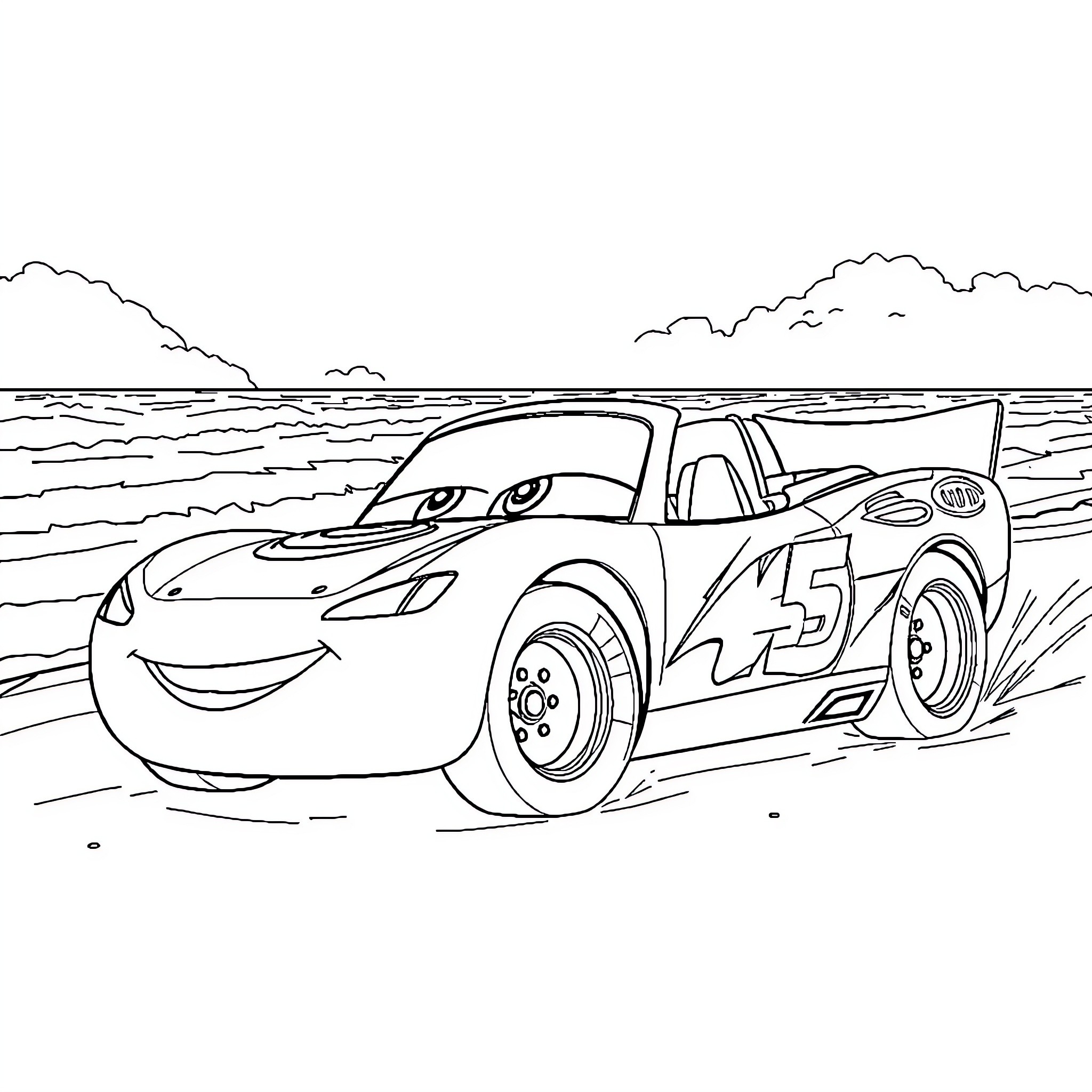 Lightning McQueen racing on the beach Coloring Page (free black-and-white line drawing printable PDF for all, from beginners to advanced learners, including children, teens, adults, and seniors)