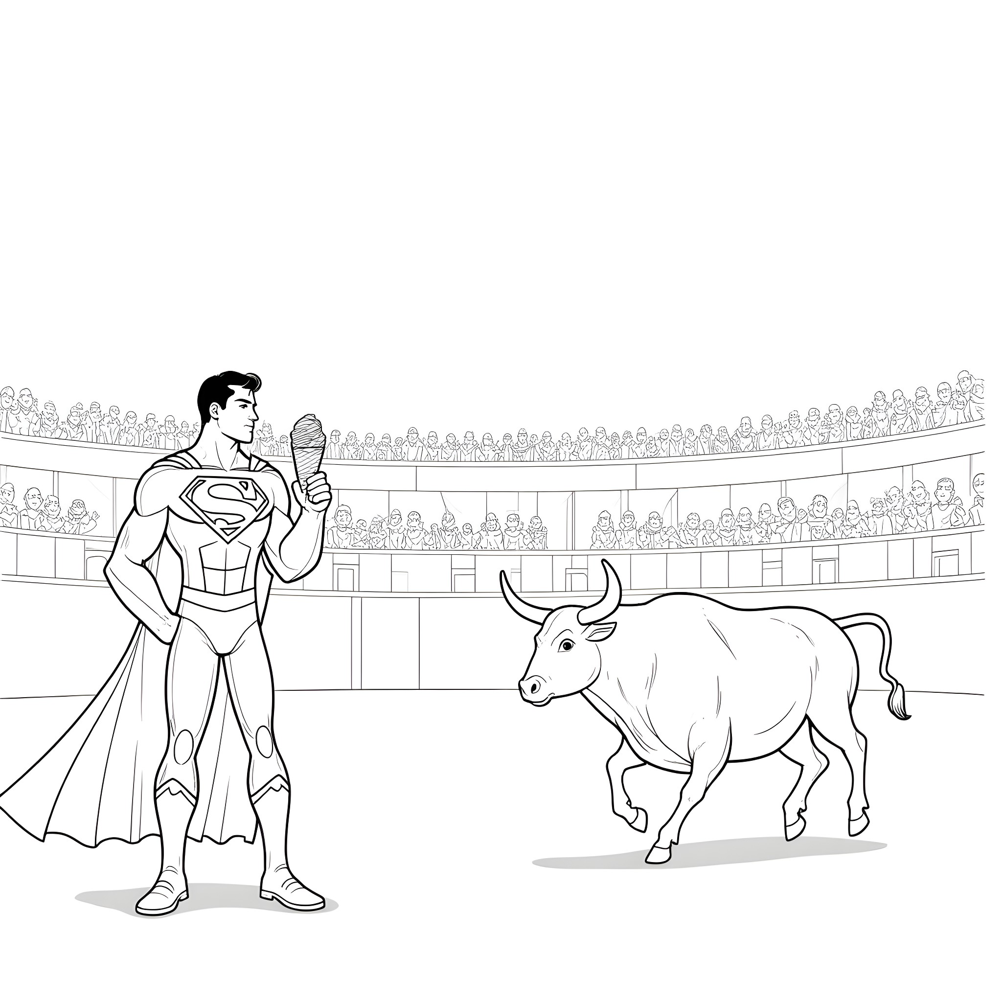 Superman facing off against a charging bull in an arena Coloring Page (free black-and-white line drawing printable PDF for all, from beginners to advanced learners, including children, teens, adults, and seniors)