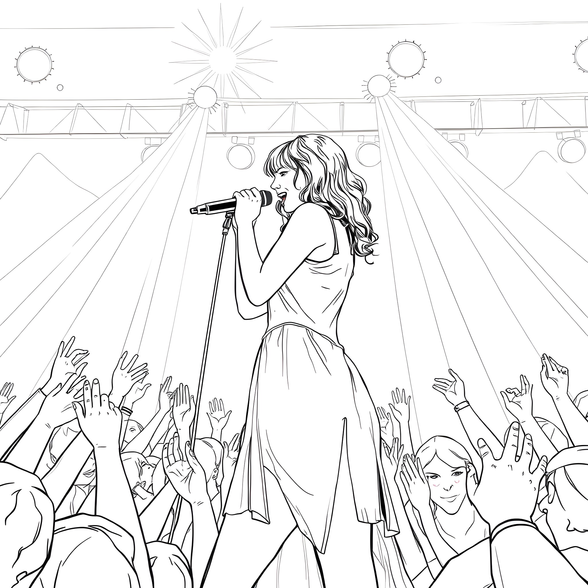 Taylor Swift performing on stage with crowd Coloring Page (free black-and-white line drawing printable PDF for all, from beginners to advanced learners, including children, teens, adults, and seniors)